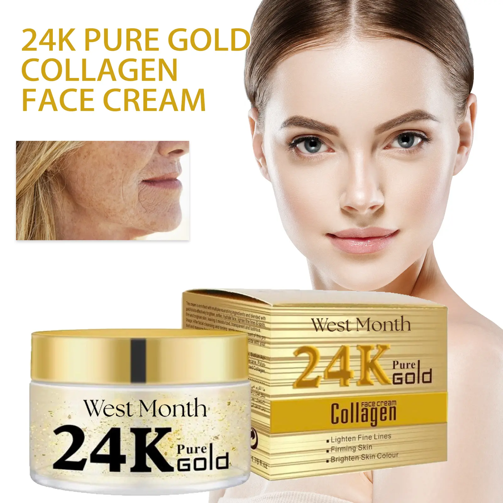 24k Gold Collagen Face Cream - Hydrating Anti-Wrinkle Moisturizer | West 2 24k gold cream lighten lines firm anti wrinkle West Month 336 5359