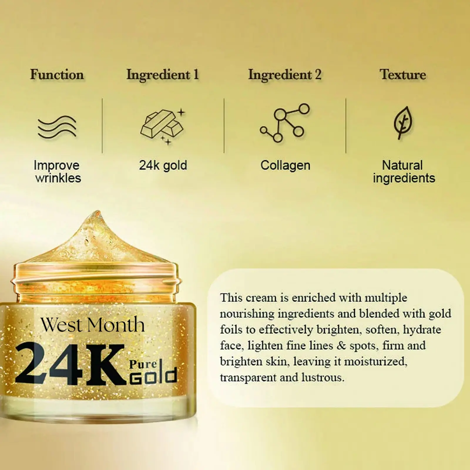 24k Gold Collagen Face Cream - Hydrating Anti-Wrinkle Moisturizer | West 5 24k gold cream lighten lines firm anti wrinkle West Month 336 5361