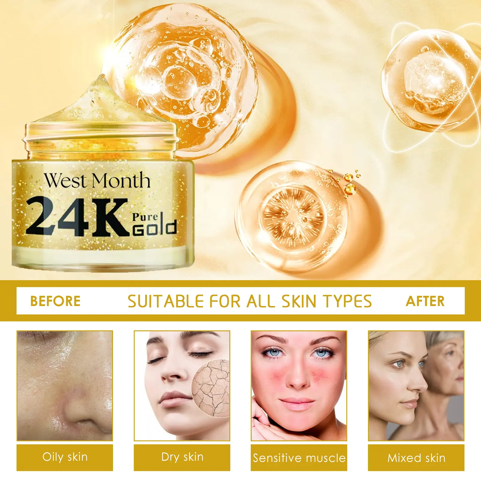 24k Gold Collagen Face Cream - Hydrating Anti-Wrinkle Moisturizer | West 7 24k gold cream lighten lines firm anti wrinkle West Month 336 5363