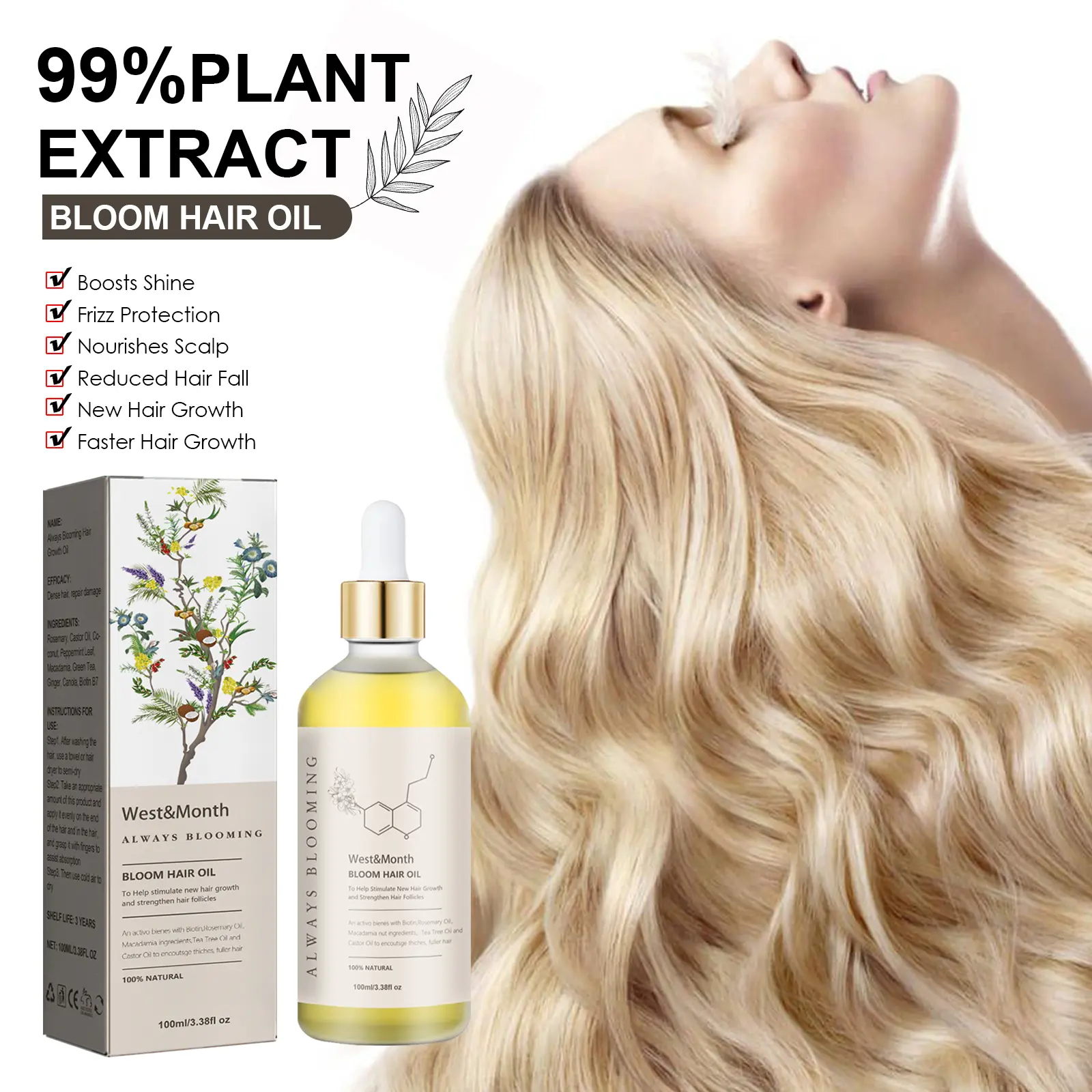 Hair Growth Oil for Thickening & Damaged Hair Repair | West&Month 4 always blooming hair oil moisturize thicken West Month 324 5187