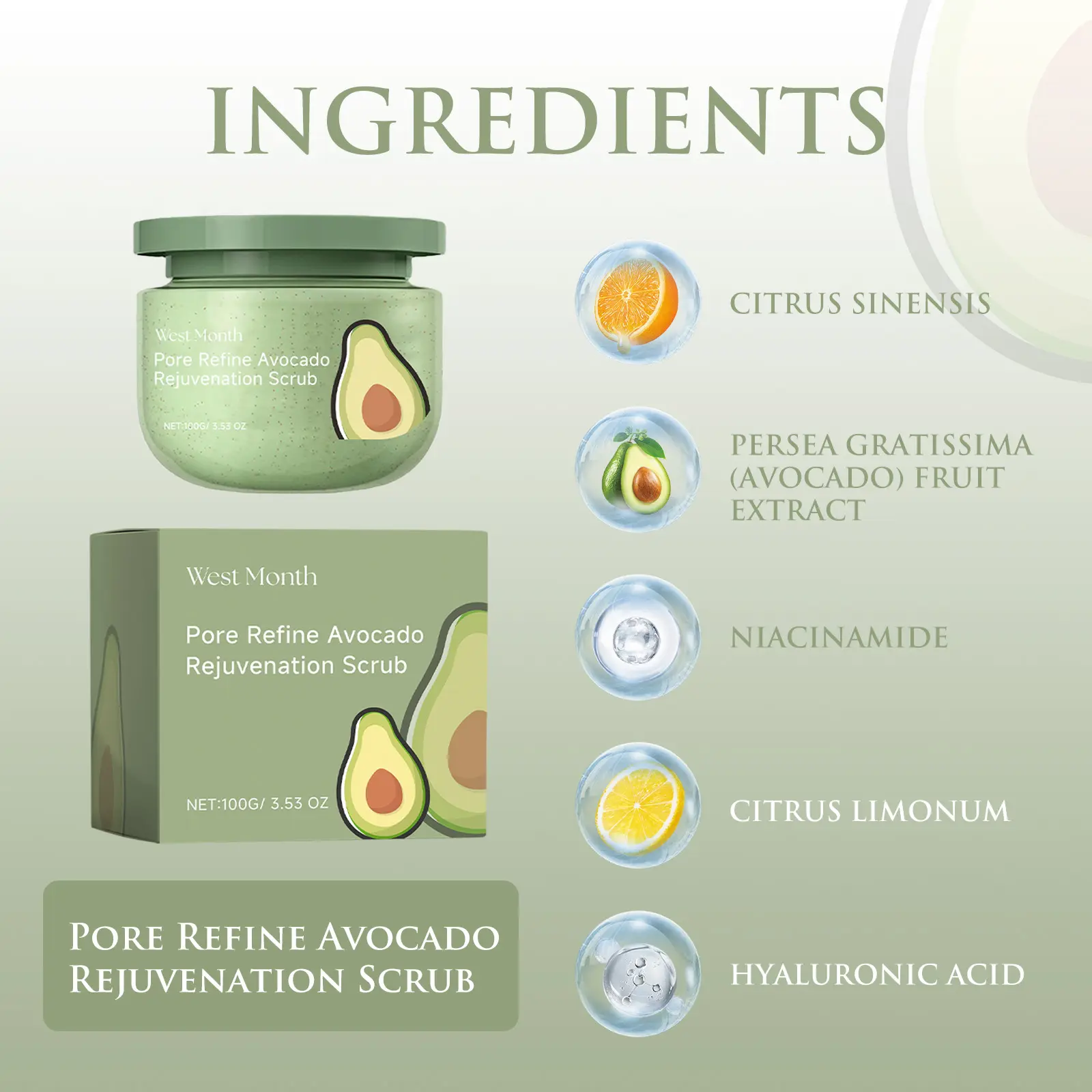 Avocado Ice Cream Body Scrub Moisturizing & Exfoliating - West&Month 3 avocado scrub moisturize hydrate exfoliate West Month 283 11348