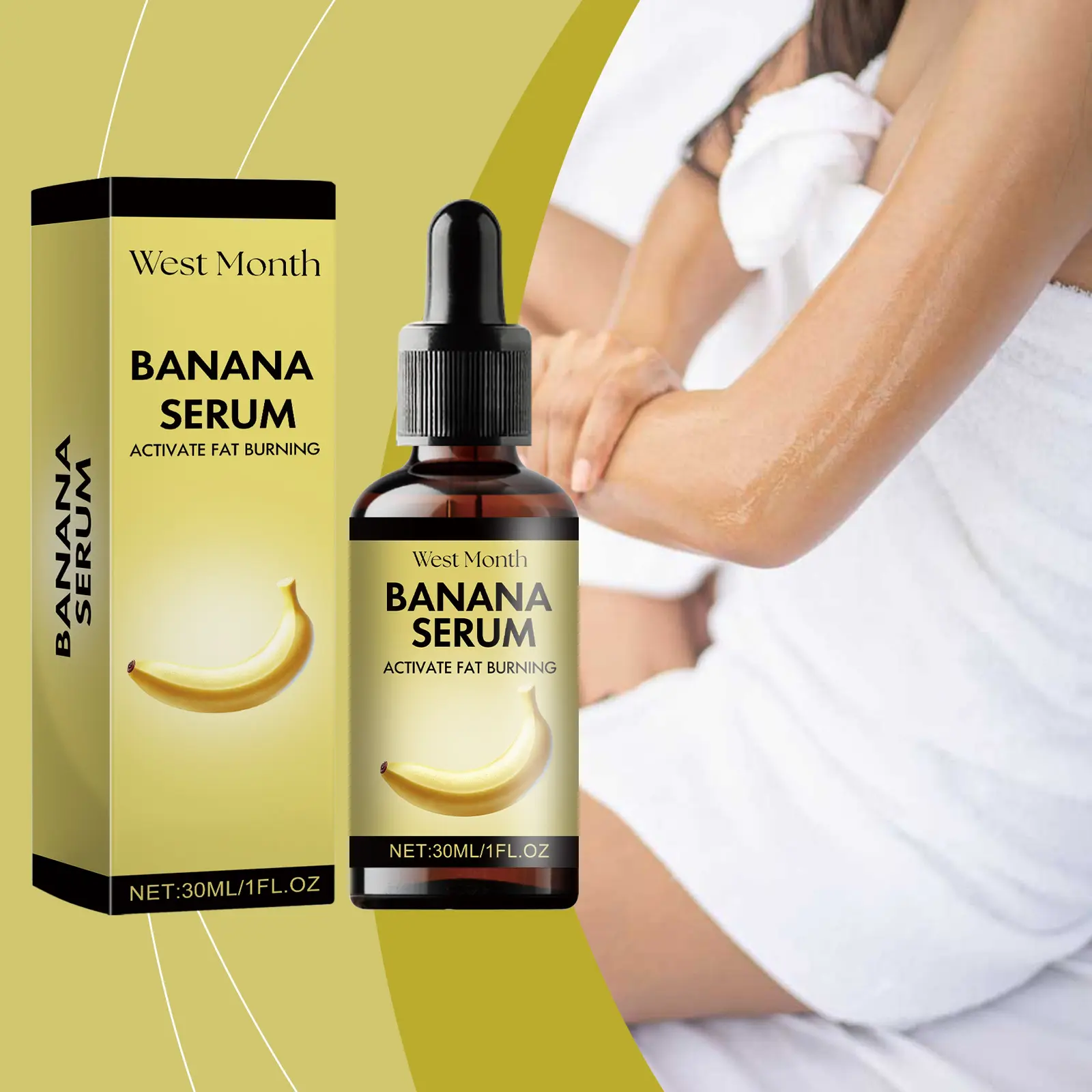 Banana Body Essential Oil for Moisturizing & Massage | West&Month 2 banana body oil nourish waist arm show figure West Month 292 4797