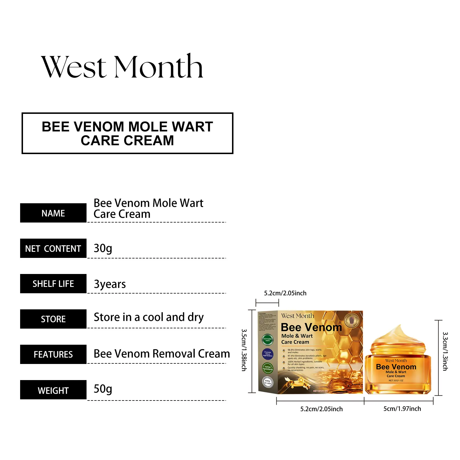 Bee Venom Mole Care Cream for Smoothing and Moisturizing Skin - West&Month 1 bee venom mole cream moisturize smooth lighten West Month 507 7751