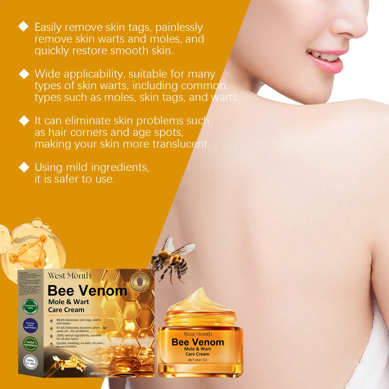 Bee Venom Mole Care Cream for Smoothing and Moisturizing Skin - West&Month 5 bee venom mole cream moisturize smooth lighten West Month 507 7755