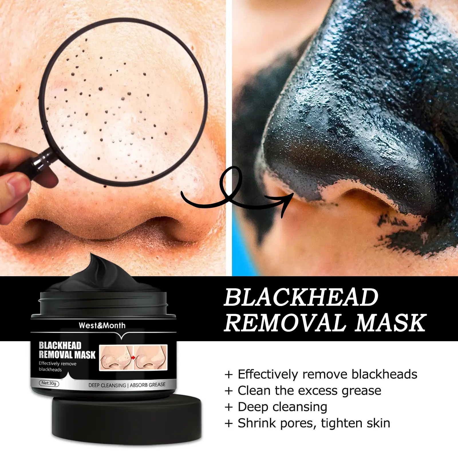 Blackhead Removal Face Mask with Activated Carbon - West&Month 4 blackhead removal mask peel off activated carbon West Month 082 2129