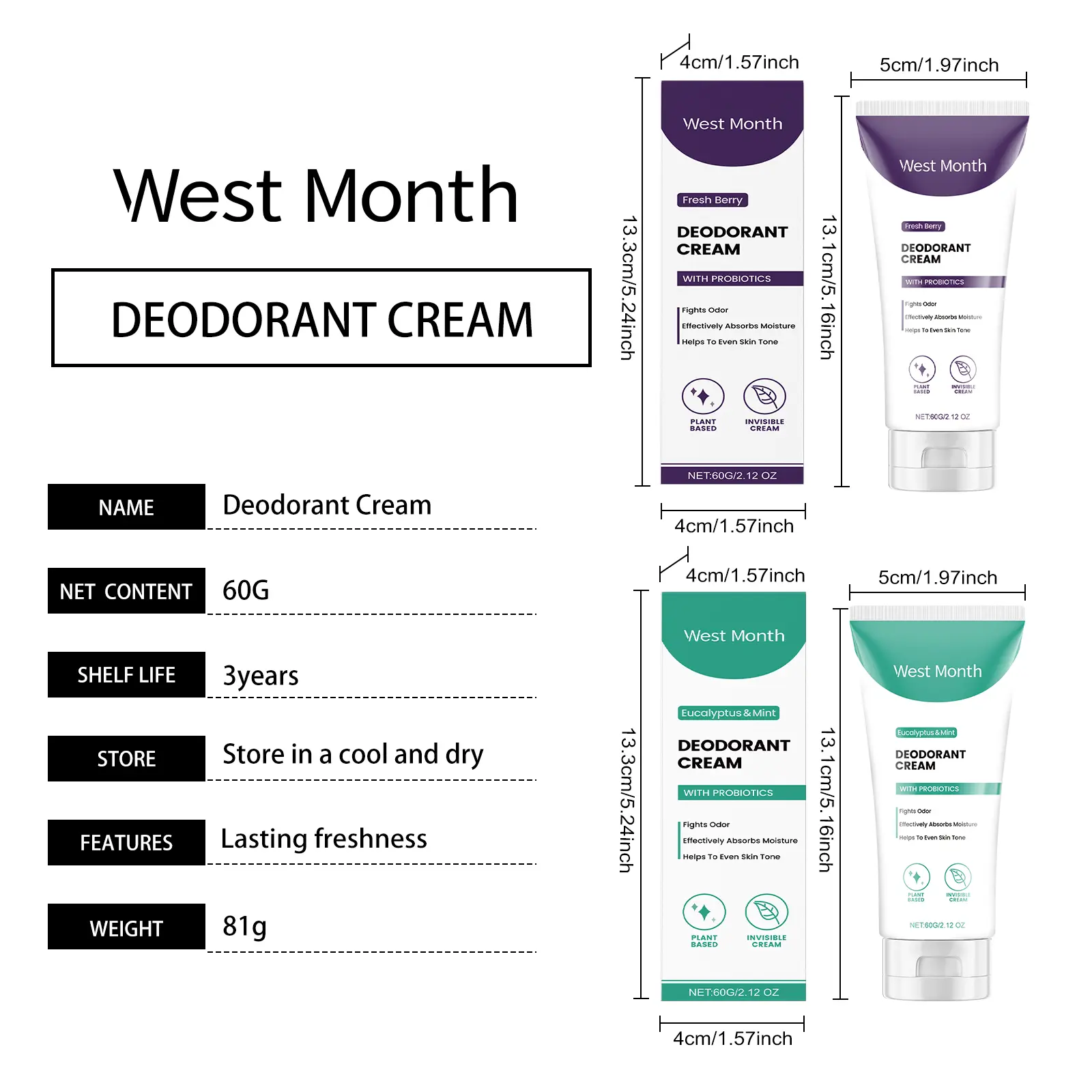 Body Odor Control Cream with Eucalyptus & Mint - West&Month 1 body care cream clean odor perspiration fragrance West Month 630 9163