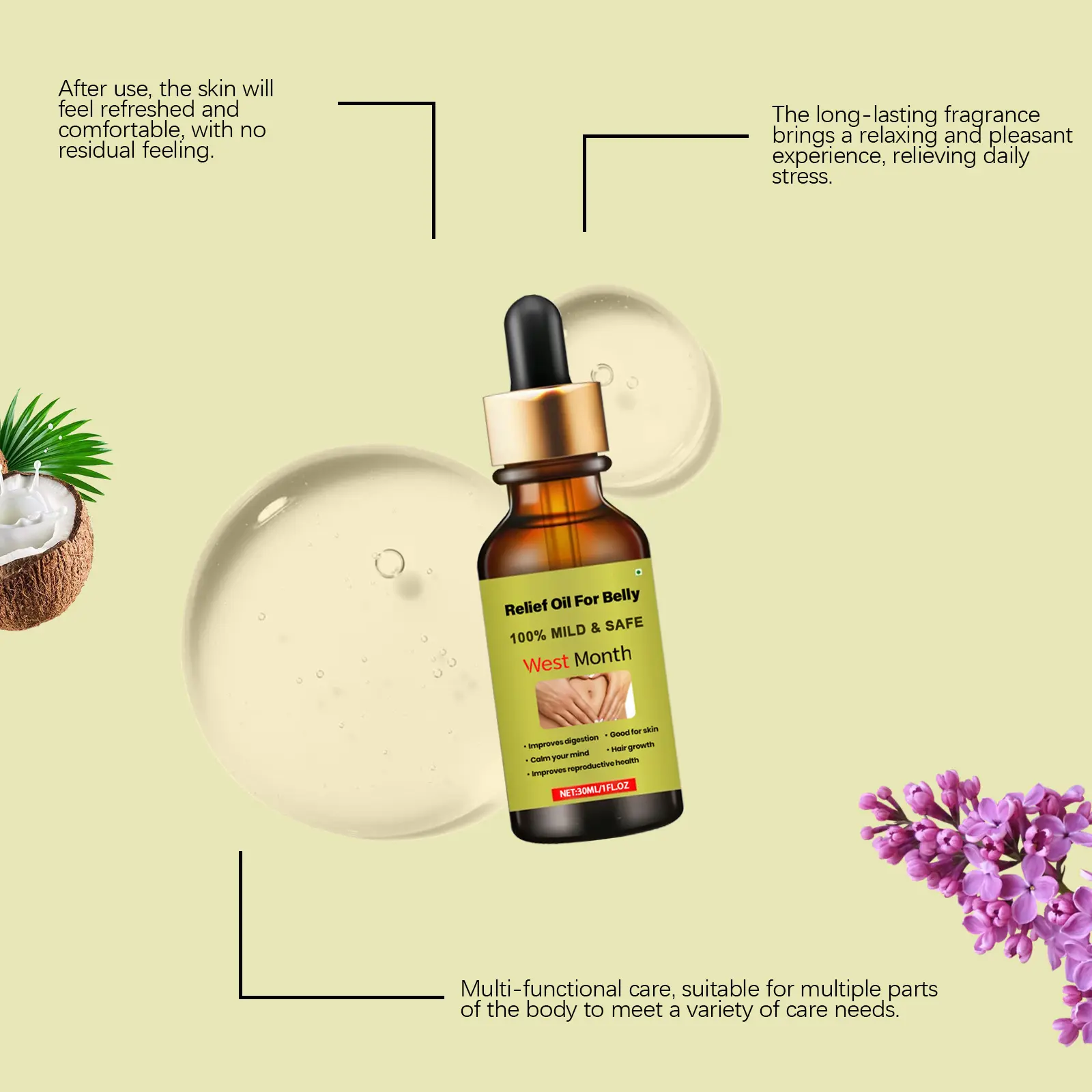 Body Care Essential Oil for Soothing Massage - West&Month 8 body care oil daily massage tummy upset West Month 105 2441