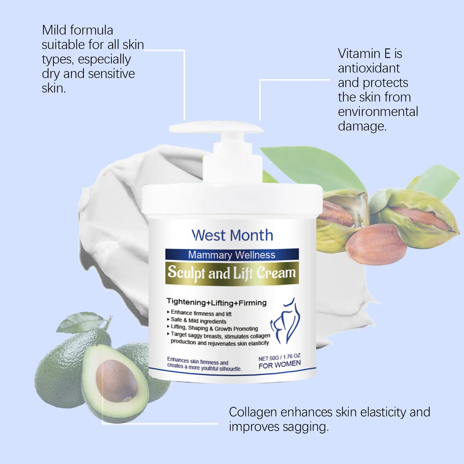 Breast Care Cream - Hydrating & Lifting Formula - West&Month 6 breast care cream hydrate lift gentle elastic West Month 609 8952