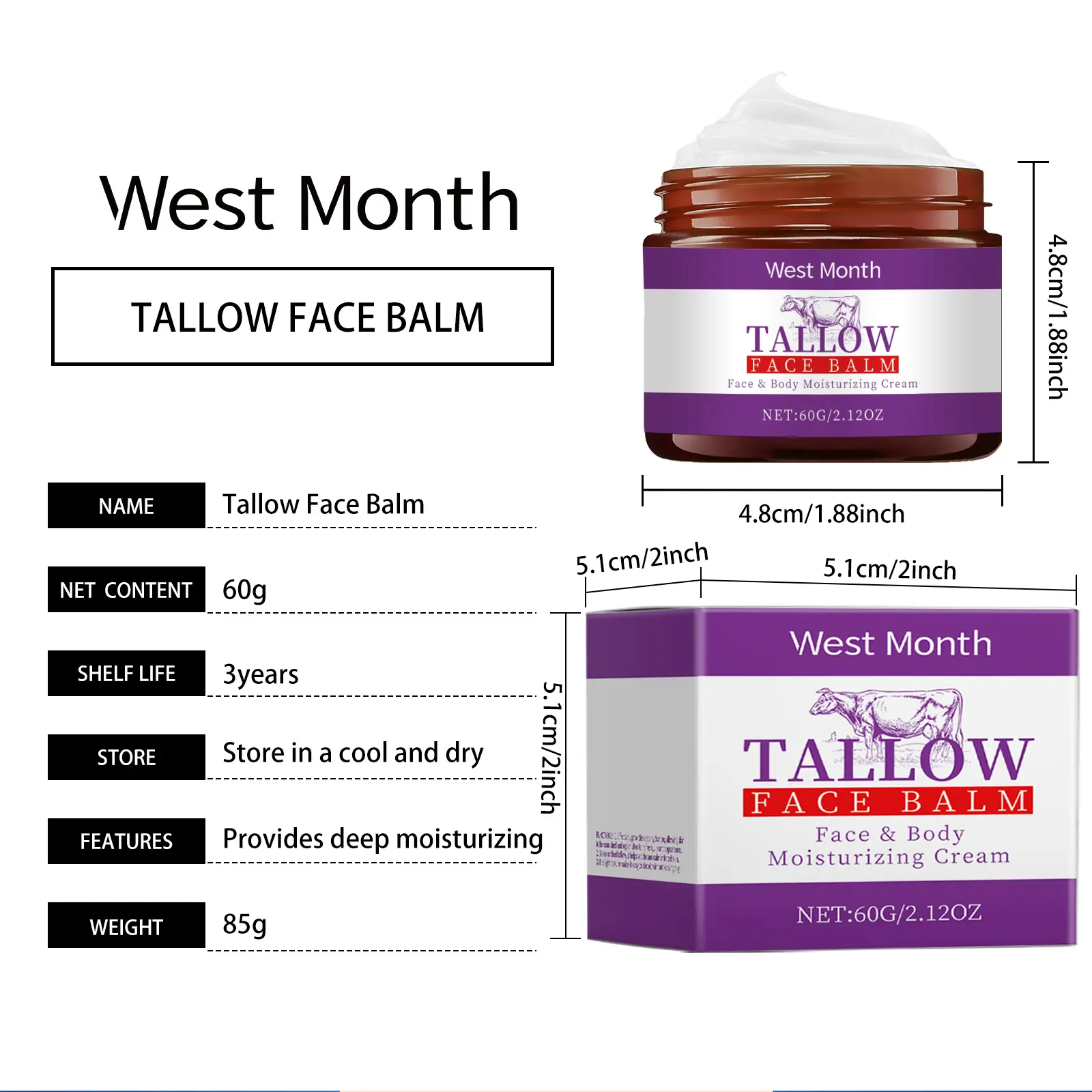 Butter Moisturizing Face Cream with Tallow Formula for Dry Skin - West&Month 1 butter moisturizing cream repair dry face West Month 555 8407
