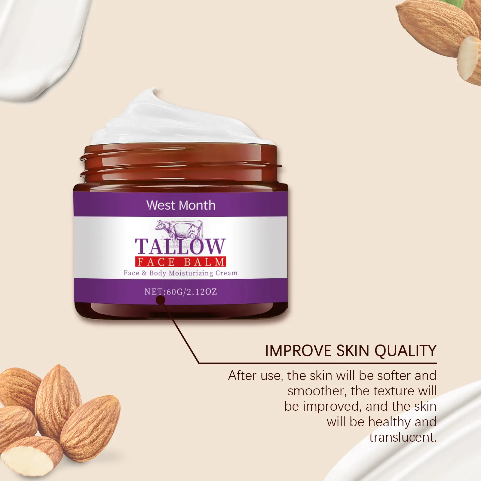 Butter Moisturizing Face Cream with Tallow Formula for Dry Skin - West&Month 8 butter moisturizing cream repair dry face West Month 555 8409