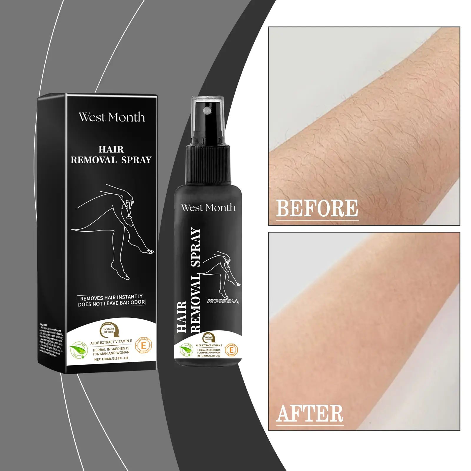 West&Month Hair Removal Spray Review: Surprisingly Gentle? 2 Close-up of the West&Month spray bottle next to the removal spatula on a bathroom counter