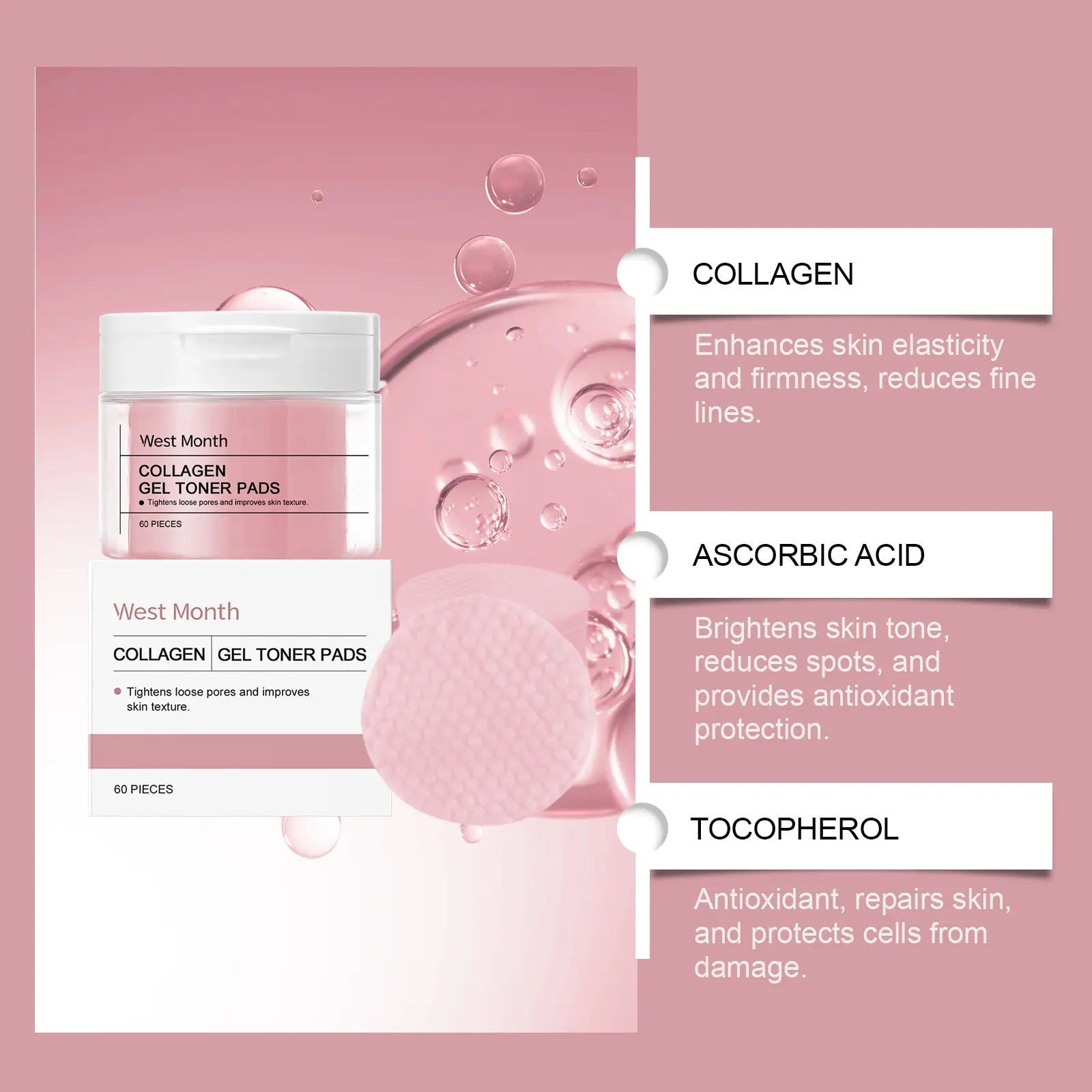 Collagen Facial Pads Brightening & Firming Treatment - West&Month 5 collagen cotton pad facial brightening moisturizing West Month 096 2324