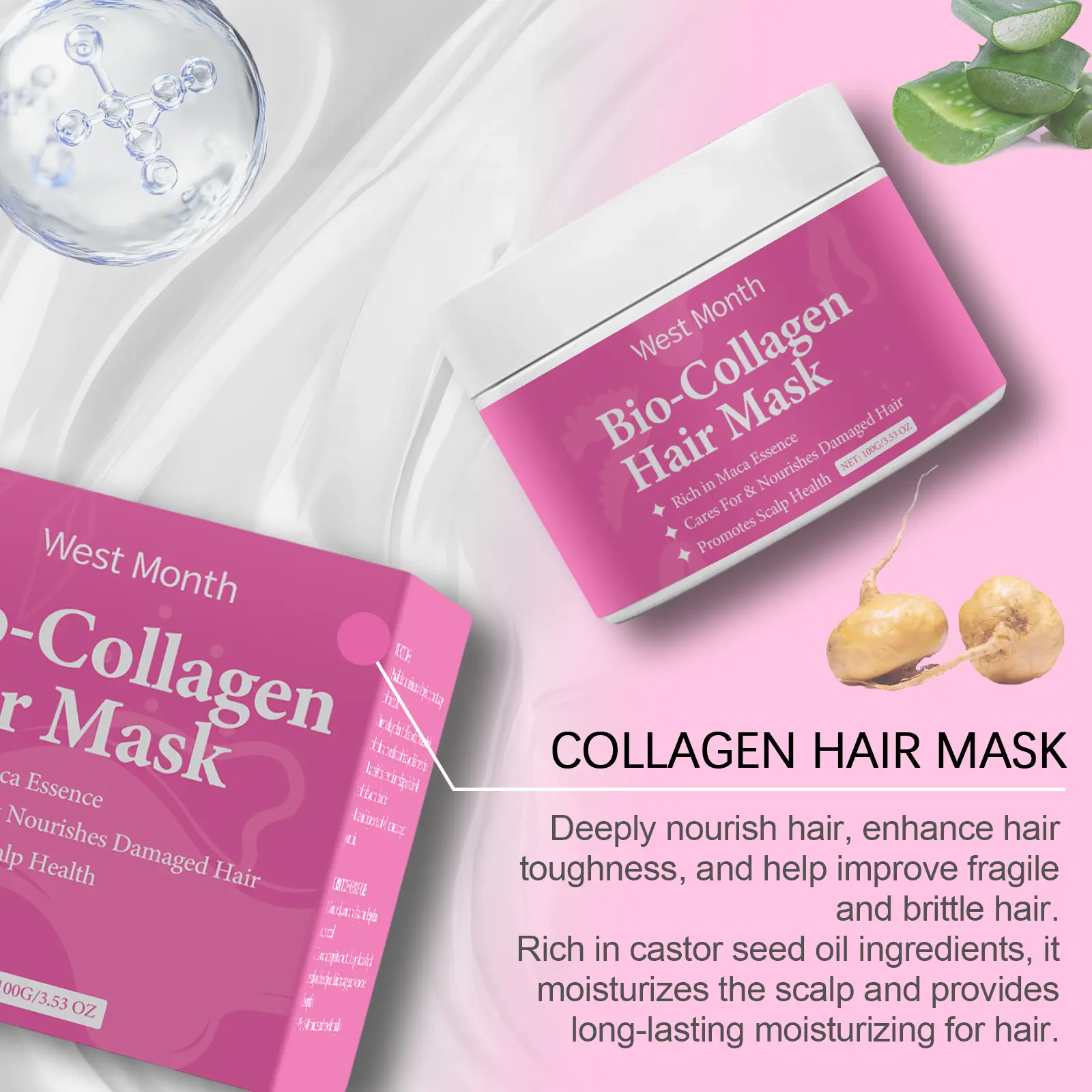 Collagen Hair Mask for Damaged Hair Repair - West&Month 6 collagen hair mask gently nourish soften West Month 261 4383