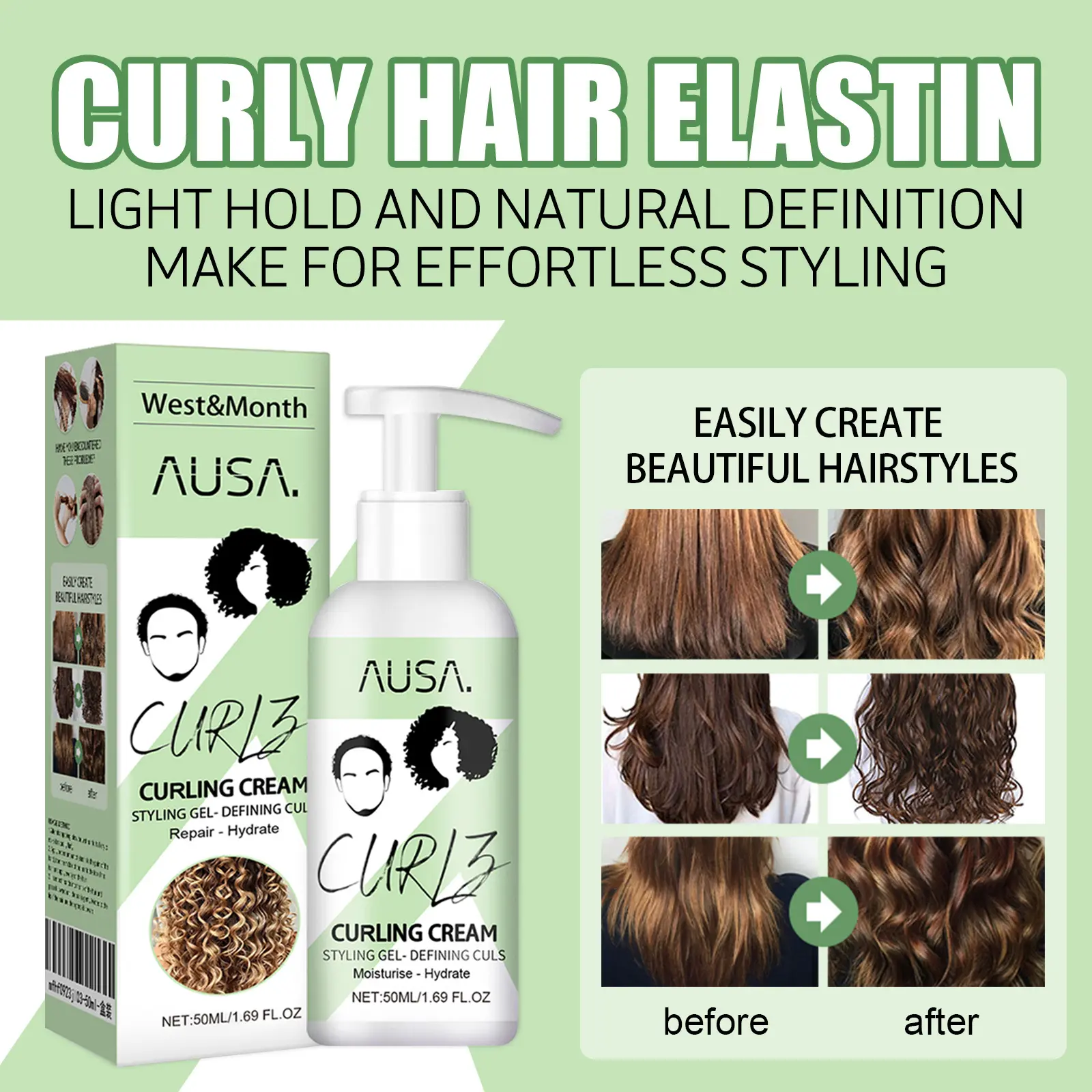 Curly Hair Elastin Moisturizing Frizz Control Styling Cream West&Month 2 curly hair elastin moisturizing styling West Month 021 1369
