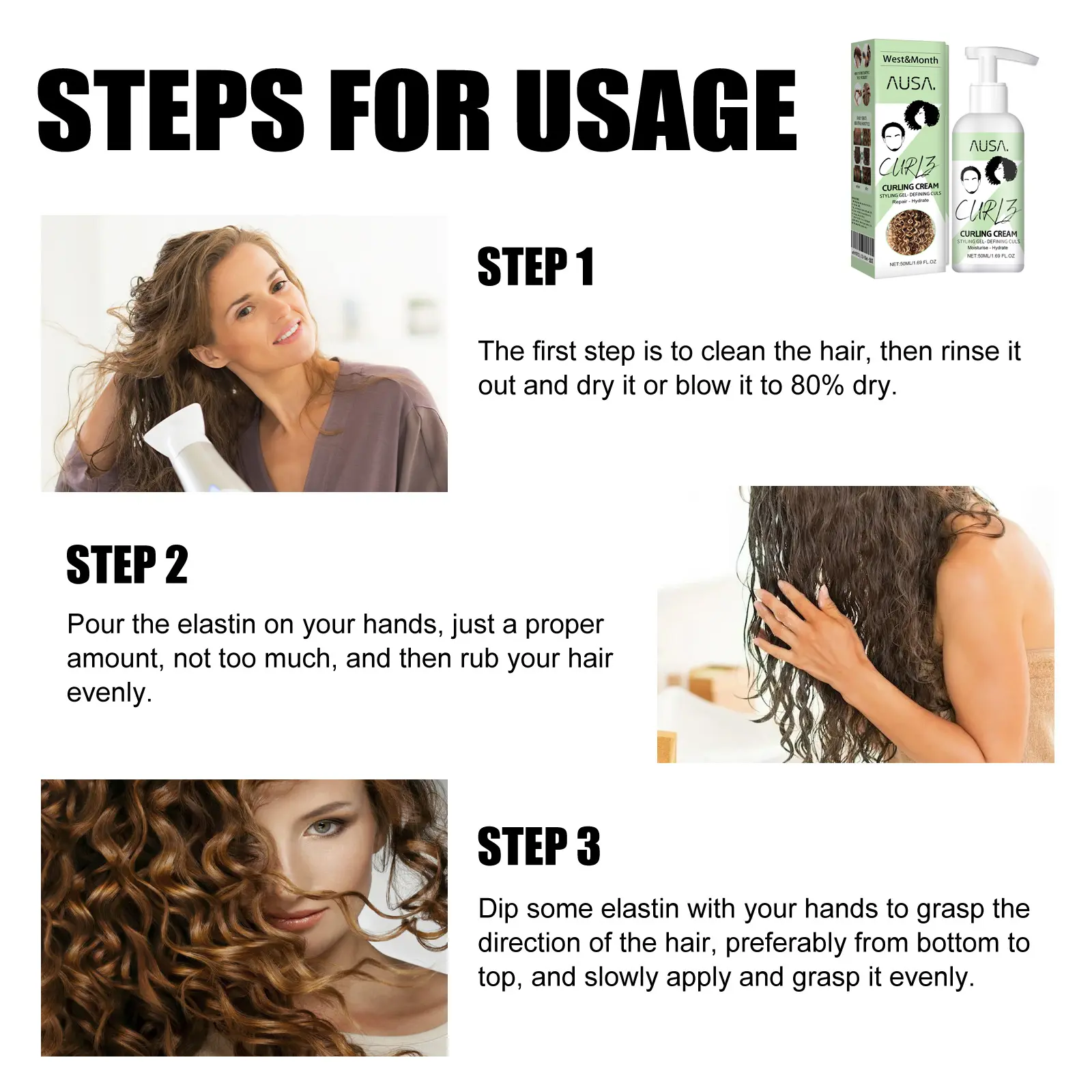Curly Hair Elastin Moisturizing Frizz Control Styling Cream West&Month 3 curly hair elastin moisturizing styling West Month 021 1370