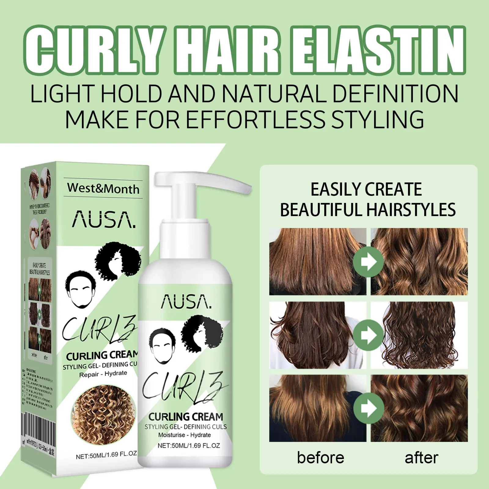 Curly Hair Elastin Moisturizing Frizz Control Styling Cream West&Month 7 curly hair elastin moisturizing styling West Month 021 1374