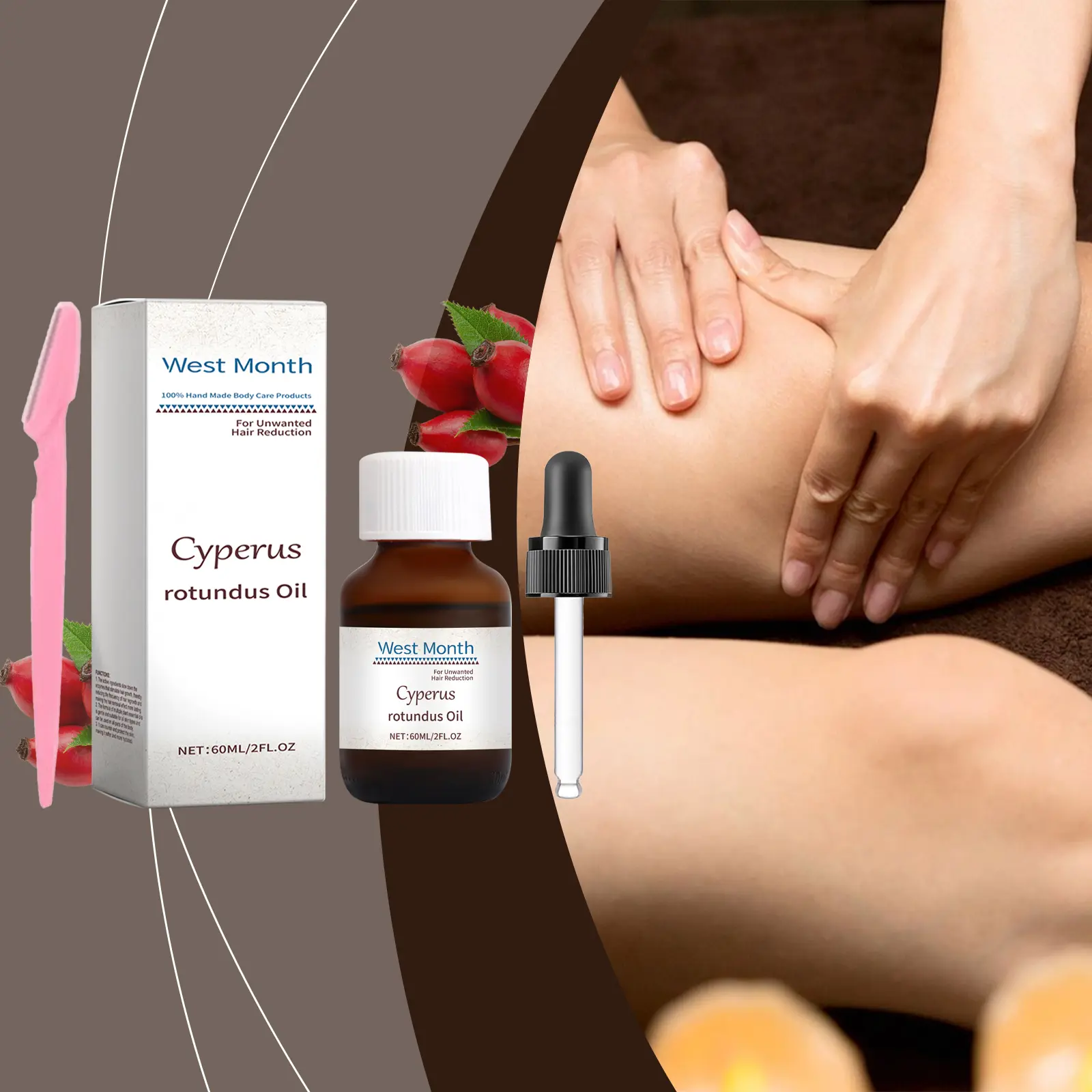 Cyperi Rhizoma Hair Removal Oil with Scraper - Soothing & Moisturizing - West&Month 2 cyperi rhizoma oil hair removal moisturize nourish West Month 634 9201