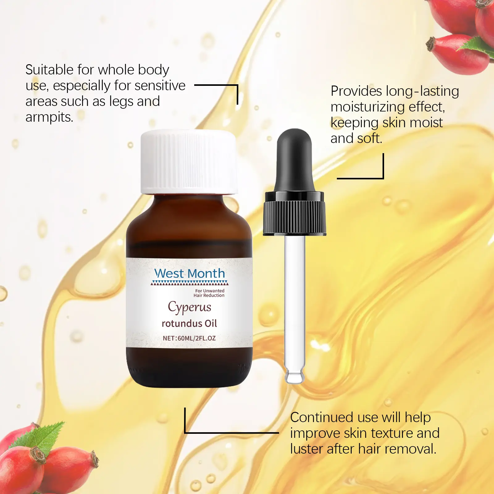 Cyperi Rhizoma Hair Removal Oil with Scraper - Soothing & Moisturizing - West&Month 5 cyperi rhizoma oil hair removal moisturize nourish West Month 634 9204