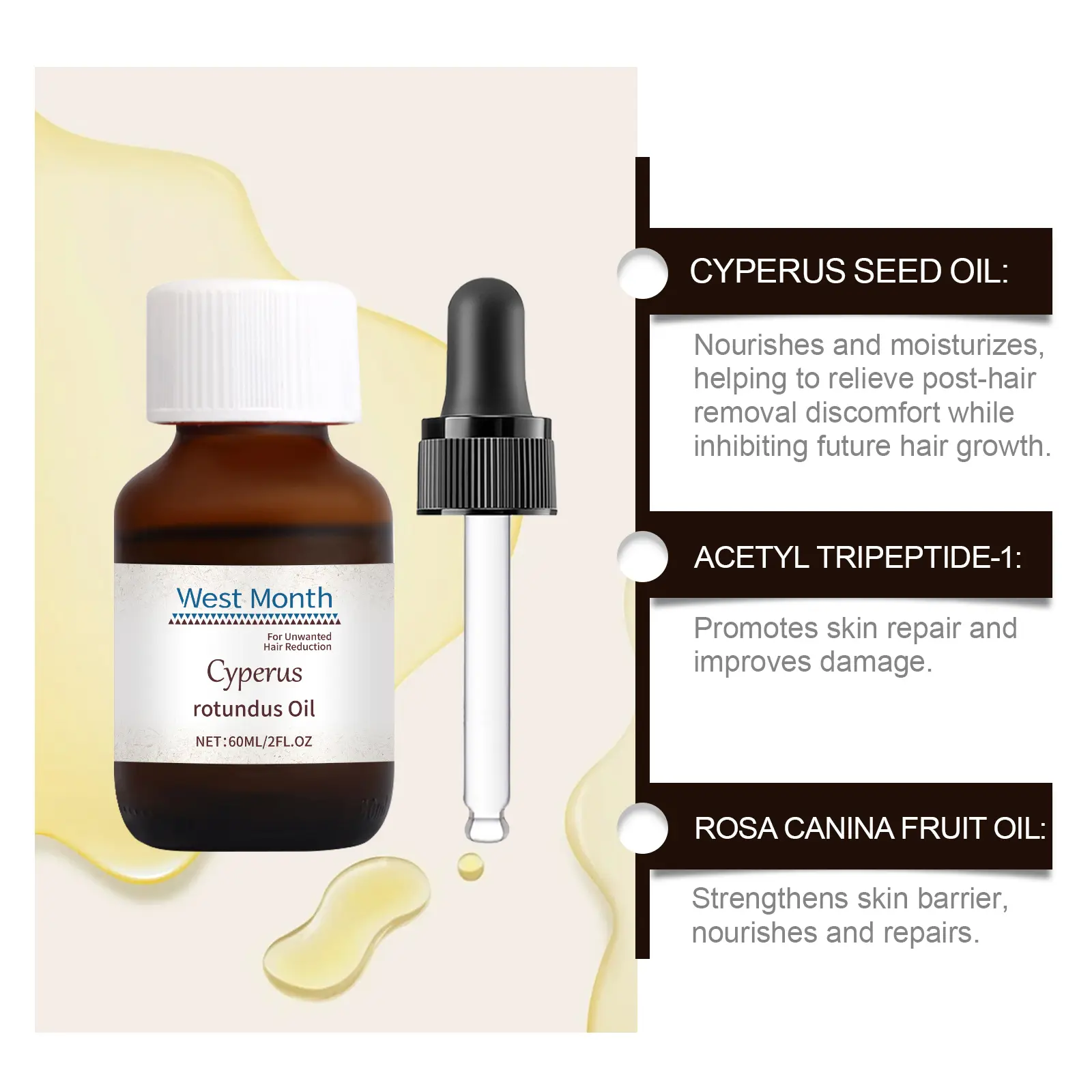 Cyperi Rhizoma Hair Removal Oil with Scraper - Soothing & Moisturizing - West&Month 8 cyperi rhizoma oil hair removal moisturize nourish West Month 634 9207