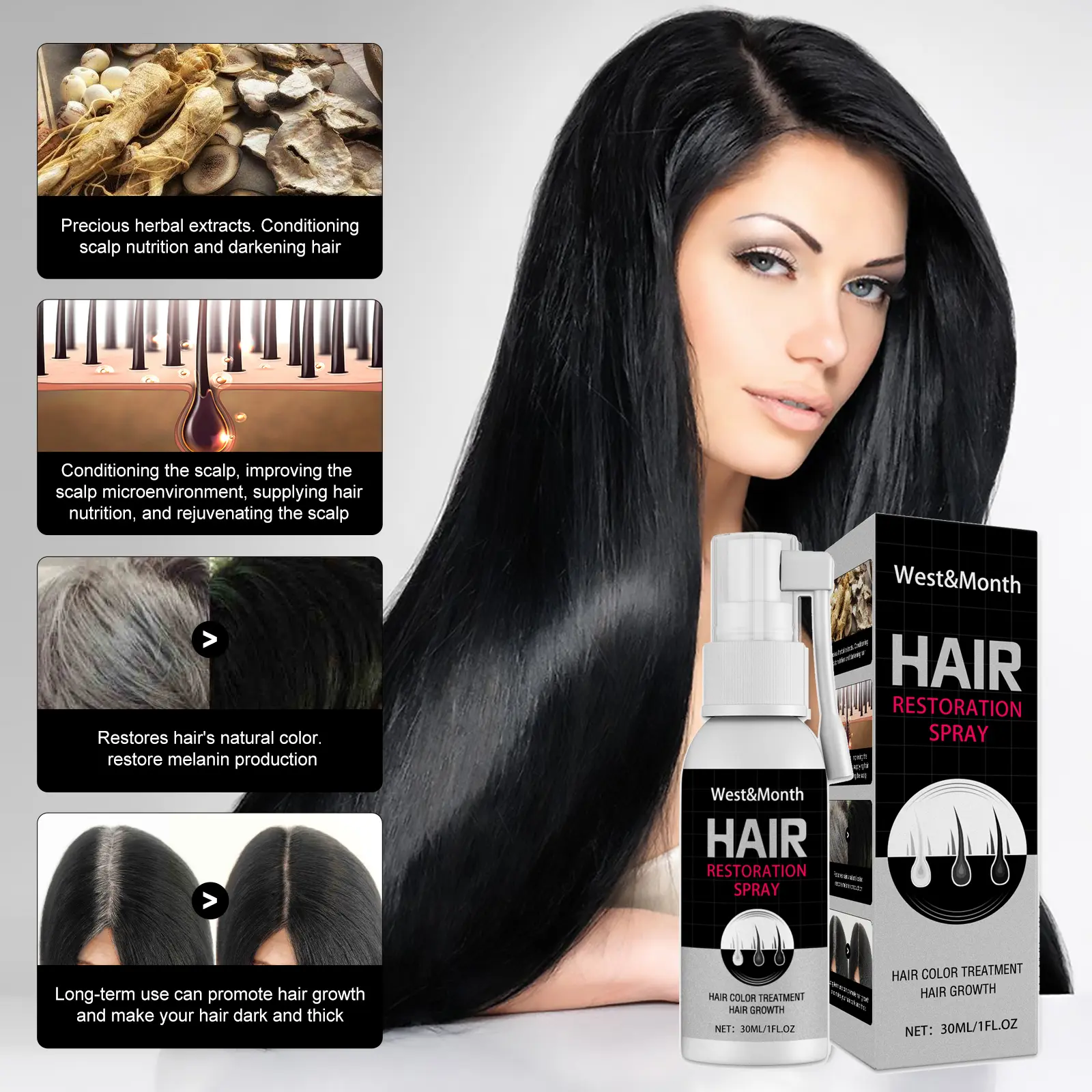 West&Month Dark Hair Spray Review: My Real Results After 4 Weeks 2 Close-up of West&Month Hair Spray misting onto hair