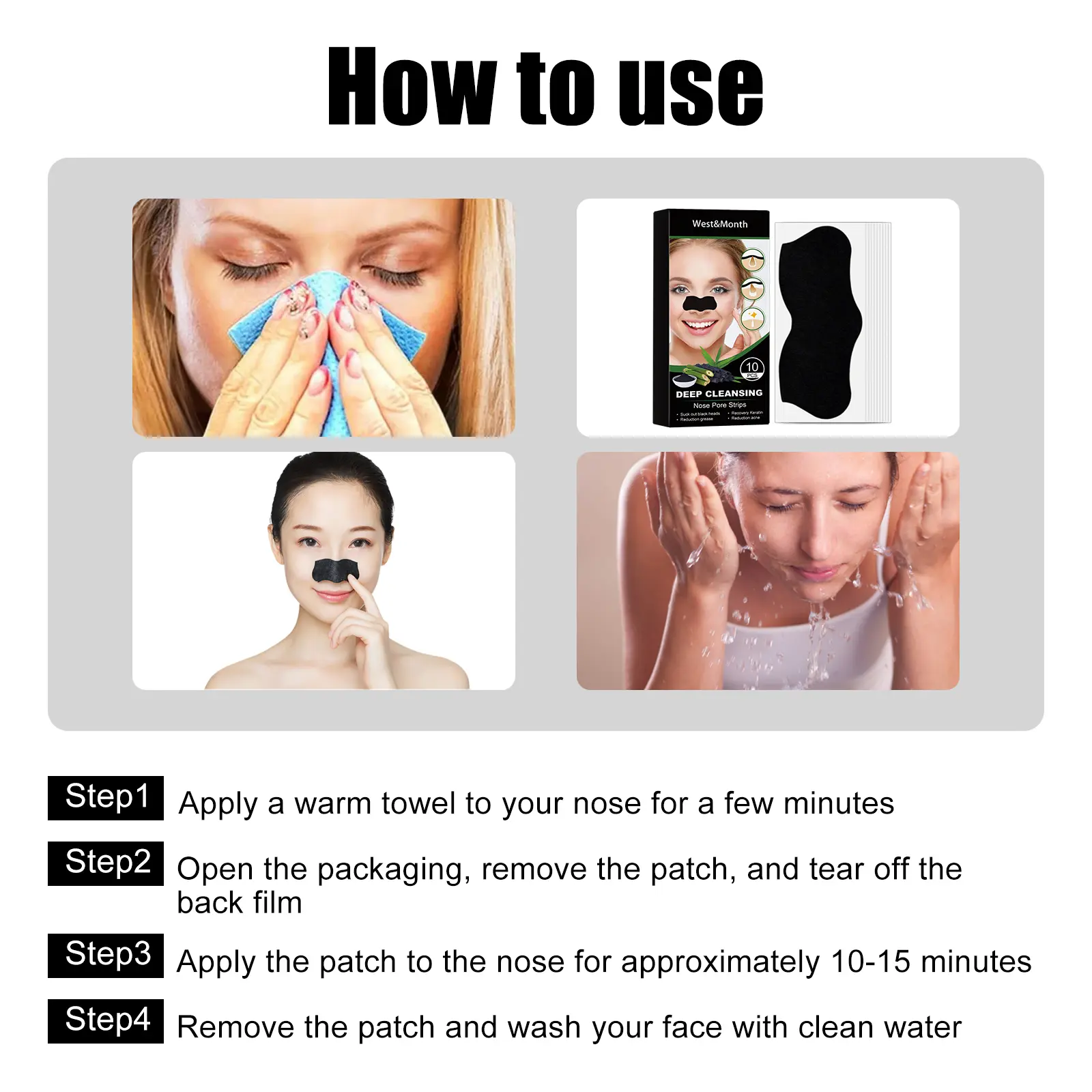 Nose Pore Strips for Blackheads Deep Cleaning Peel-off Mask West&Month 4 deep clean nose strips remove blackhead tight pores West Month 349 5531