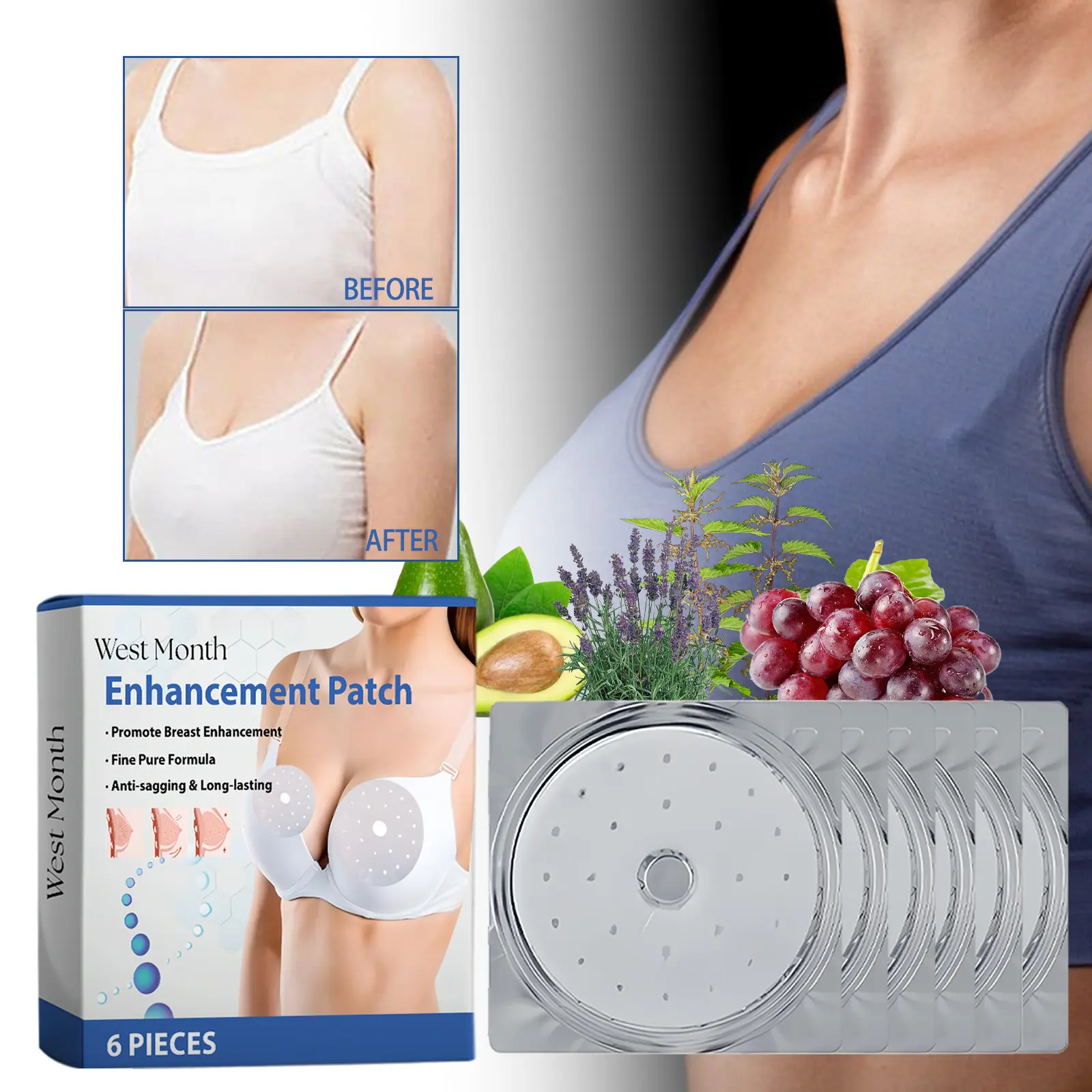 Breast Enhancement Patch for Skin Firmness and Hydration - West&Month 2 enhancement patch improve chest line firm anti sag West Month 432 6688