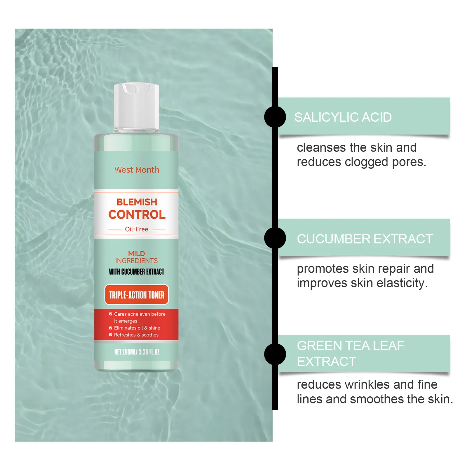 Facial Toner for Acne-Prone Skin with Green Tea & Hyaluronic Acid - West&Month 5 facial toner mild lighten acne nourish West Month 219 3859