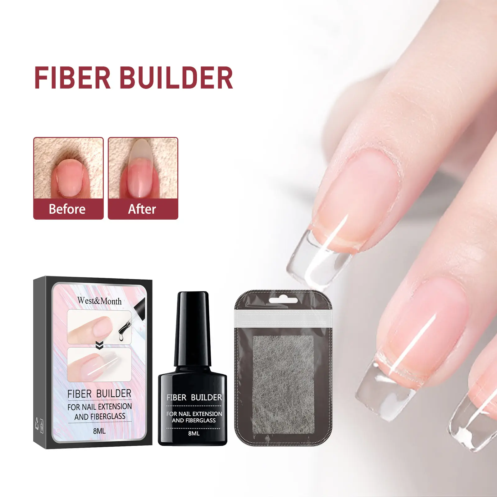 Nail Extension Kit with High-Strength Fiber Sheets - West&Month 2 fiber extension set nail lengthening fiber West Month 319 5118