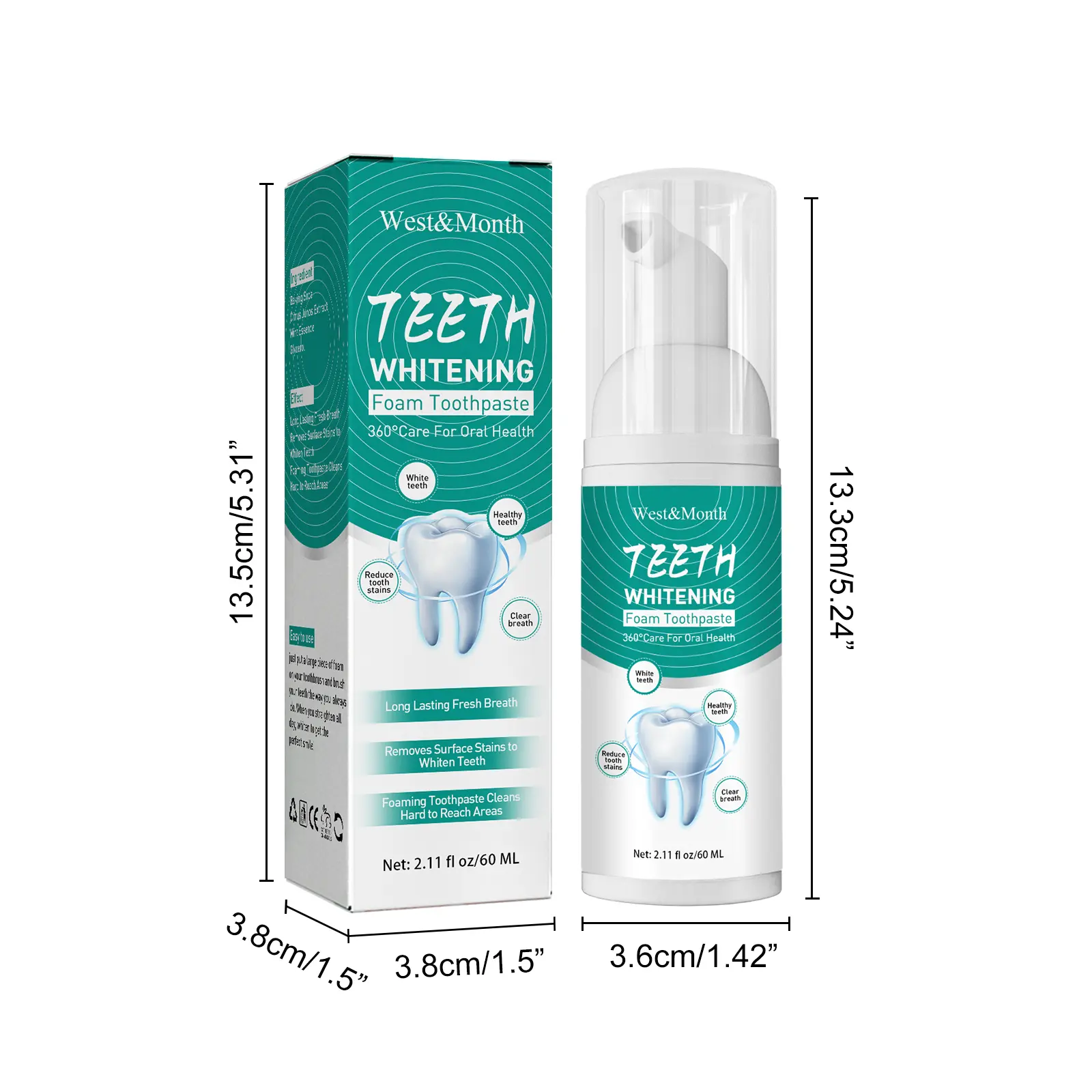 Whitening Foam Toothpaste for Fresh Breath & Gum Care - West&Month 1 foam toothpaste freshen whiten anti moth West Month 169 3226