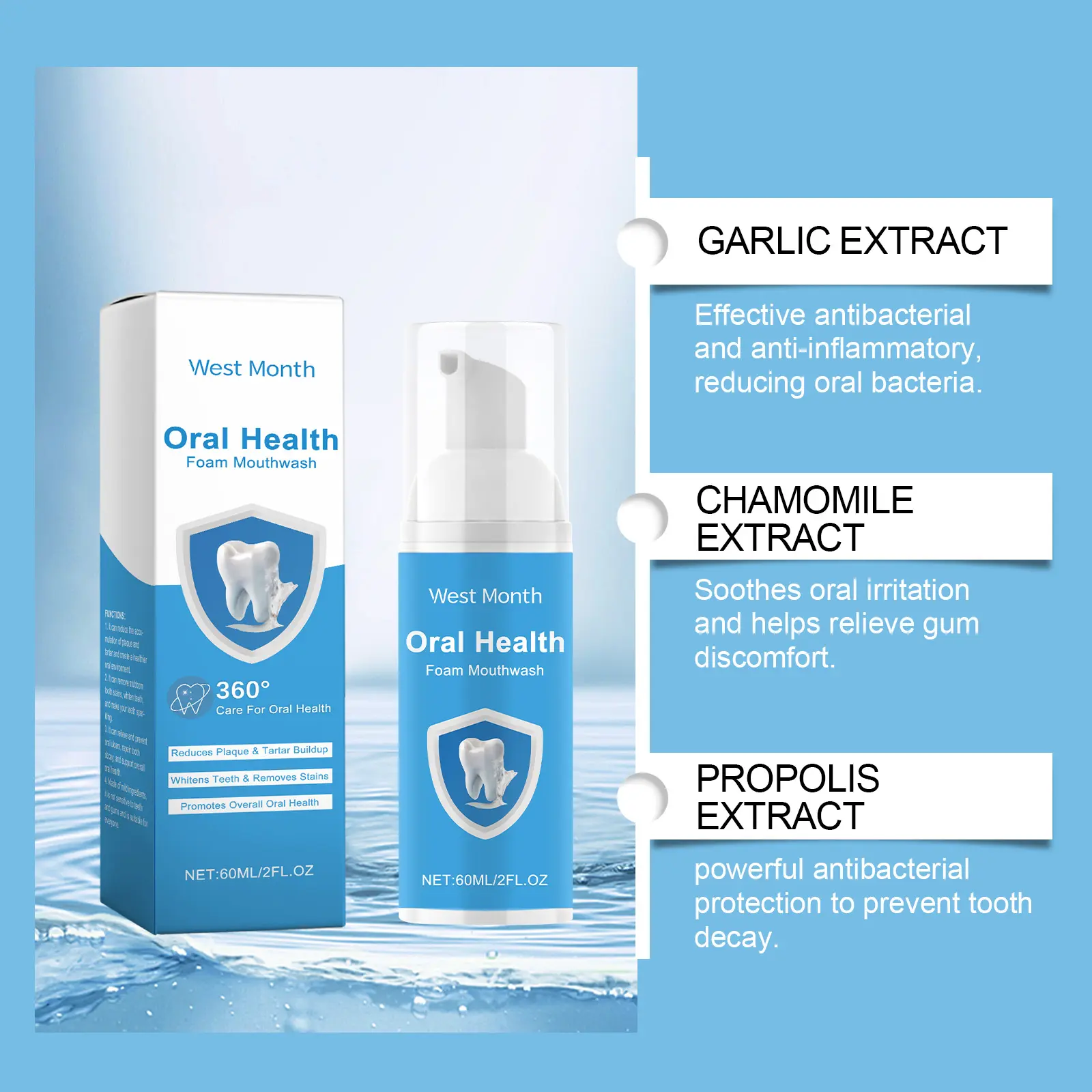 Foaming Mouthwash Stain & Odor Remover with Propolis | West&Month 9 foaming mouthwash gentle clean stains remove odor West Month 252 4287