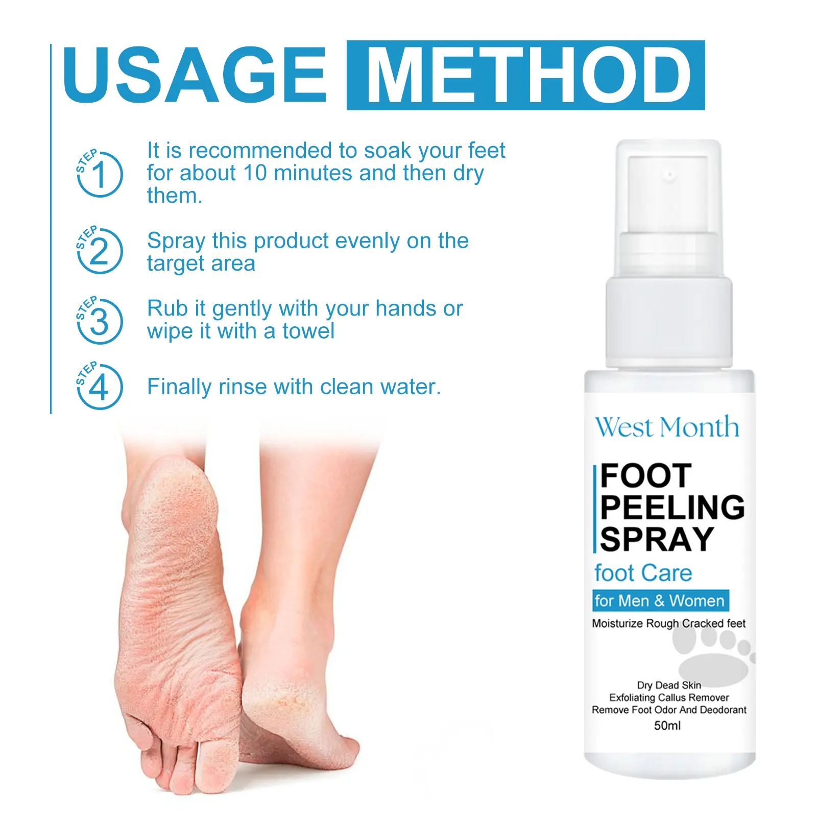 Foot Care Spray for Dry Cracked Feet & Odor Control - West&Month 4 foot care spray anti crack clean moisturize West Month 380 5964