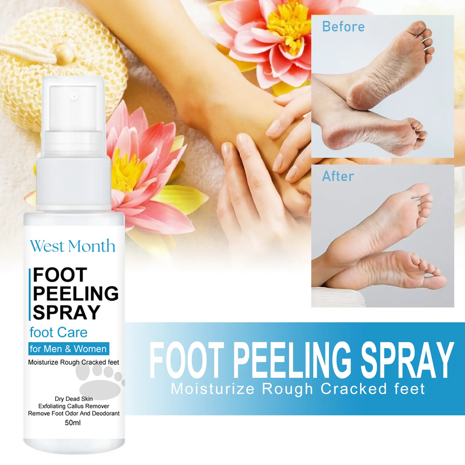 Foot Care Spray for Dry Cracked Feet & Odor Control - West&Month 6 foot care spray anti crack clean moisturize West Month 380 5966