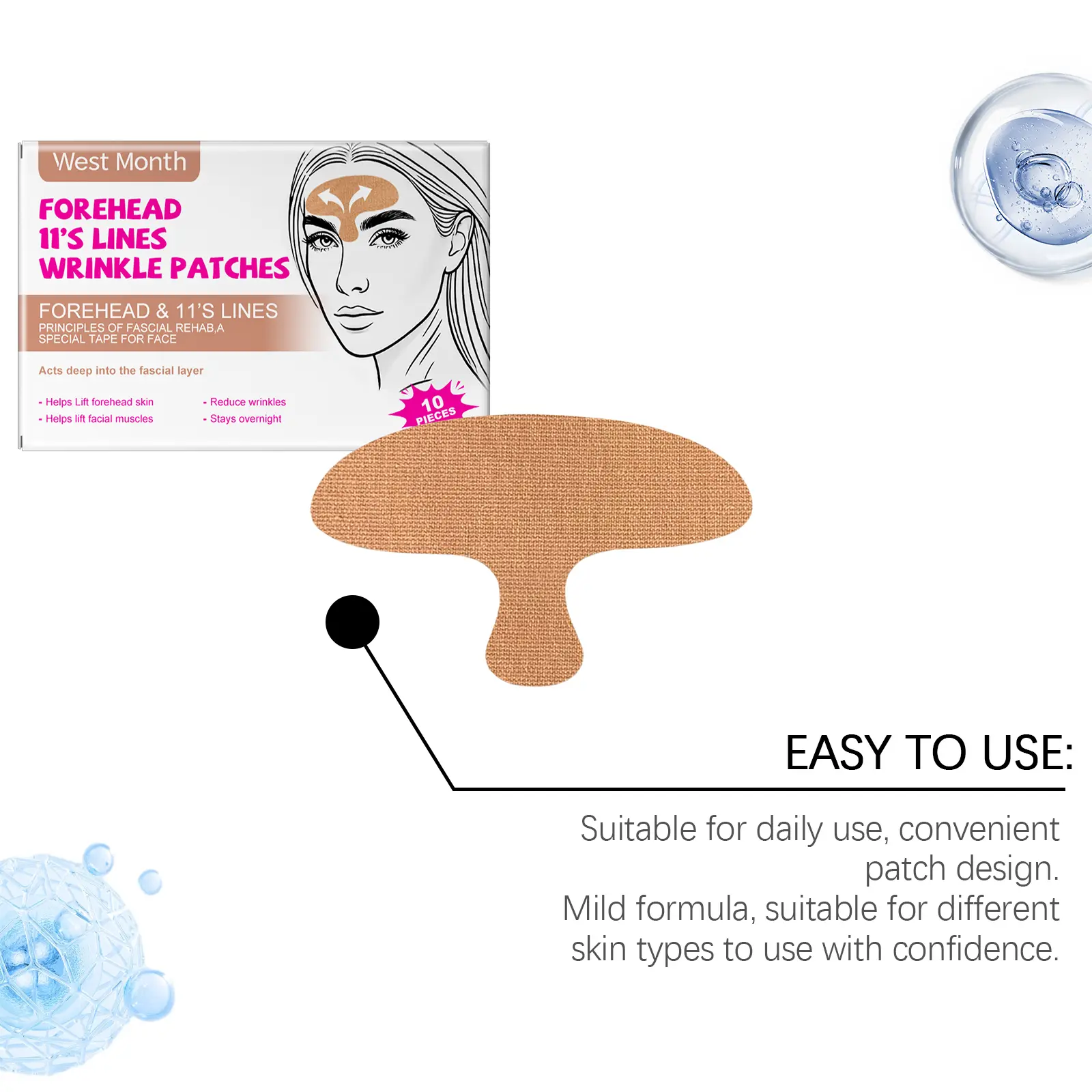 Hydrating Forehead Patch for Wrinkle Reduction & Skin Firming - West&Month 8 forehead patch hydrate tighten nourish radiant West Month 645 9344