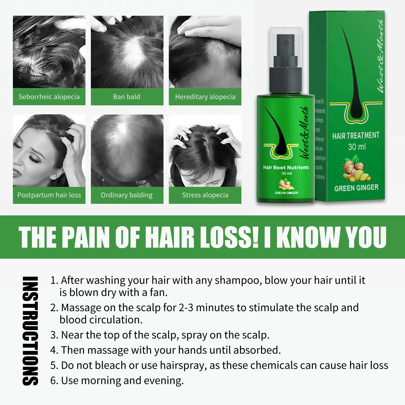 Ginger Hair Treatment Spray - Moisturizing & Nourishing - West&Month 3 ginger hair spray gentle moisturize repair West Month 437 6753