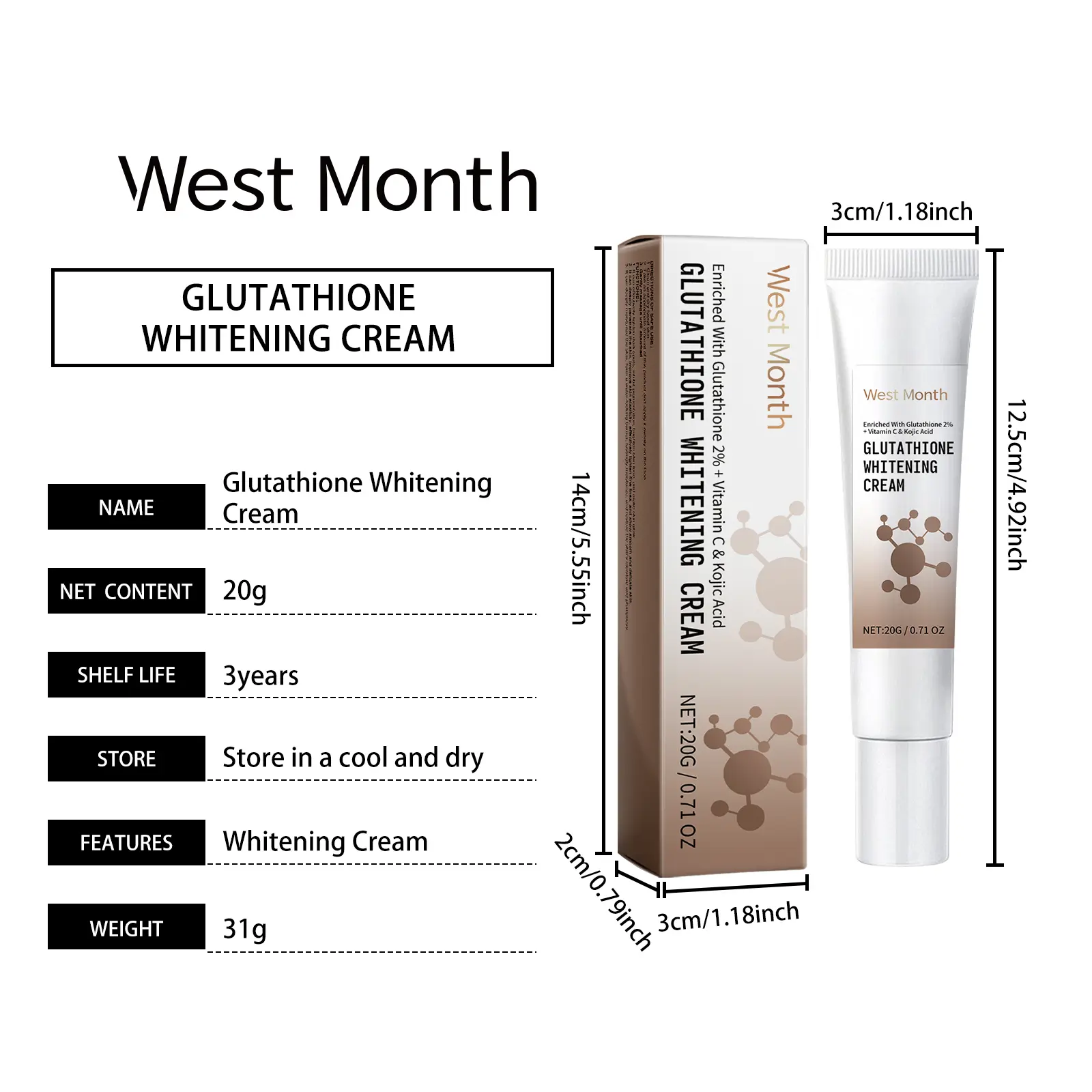 Glutathione Facial Cream with Vitamin C & Kojic Acid - West&Month 1 glutathione cream gentle moisturize facial tender West Month 563 8487