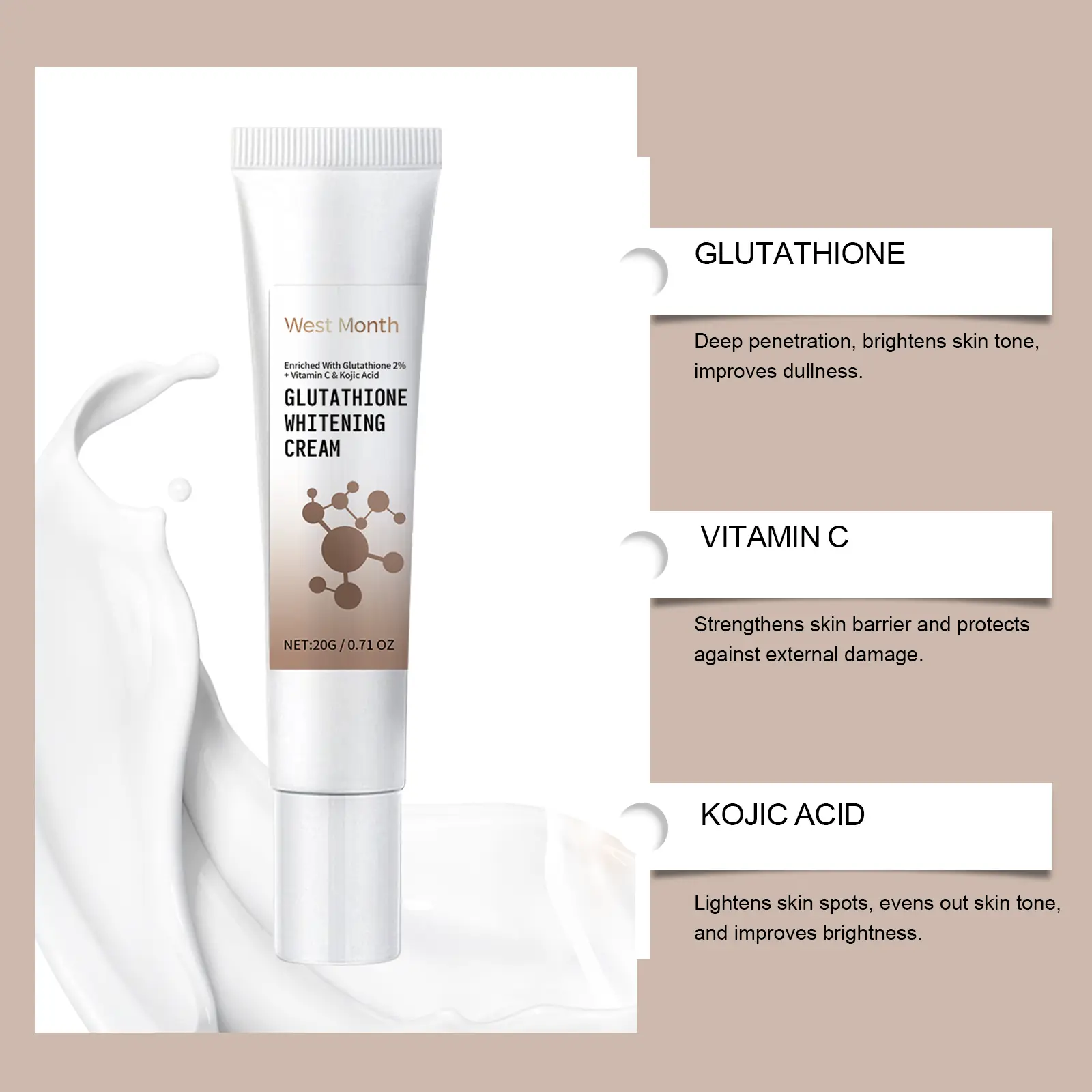 Glutathione Facial Cream with Vitamin C & Kojic Acid - West&Month 8 glutathione cream gentle moisturize facial tender West Month 563 8489