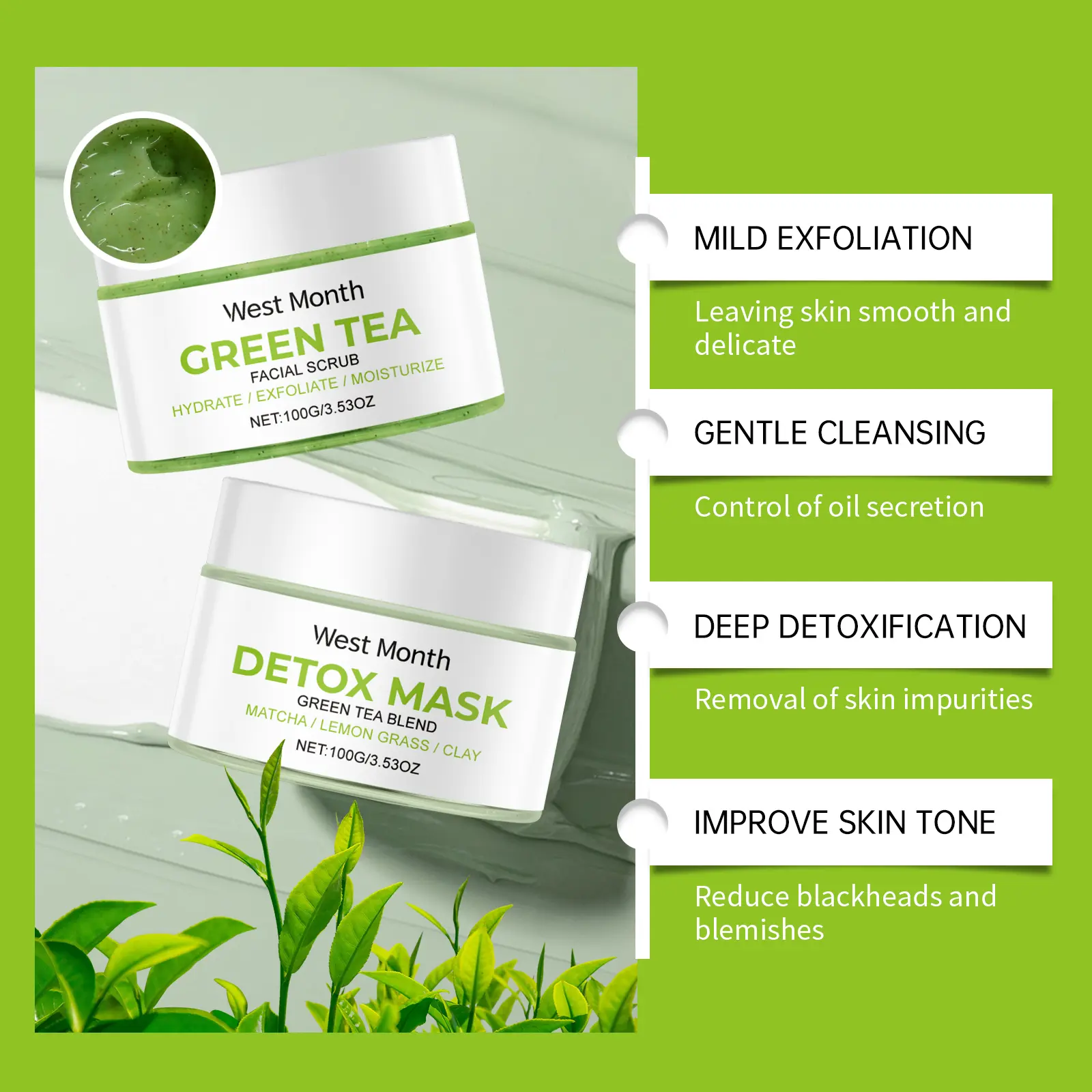 Green Tea Cleansing Set for Balanced and Hydrated Skin - West&Month 5 green tea cleansing set clean balance hydrate tender West Month 636 9233