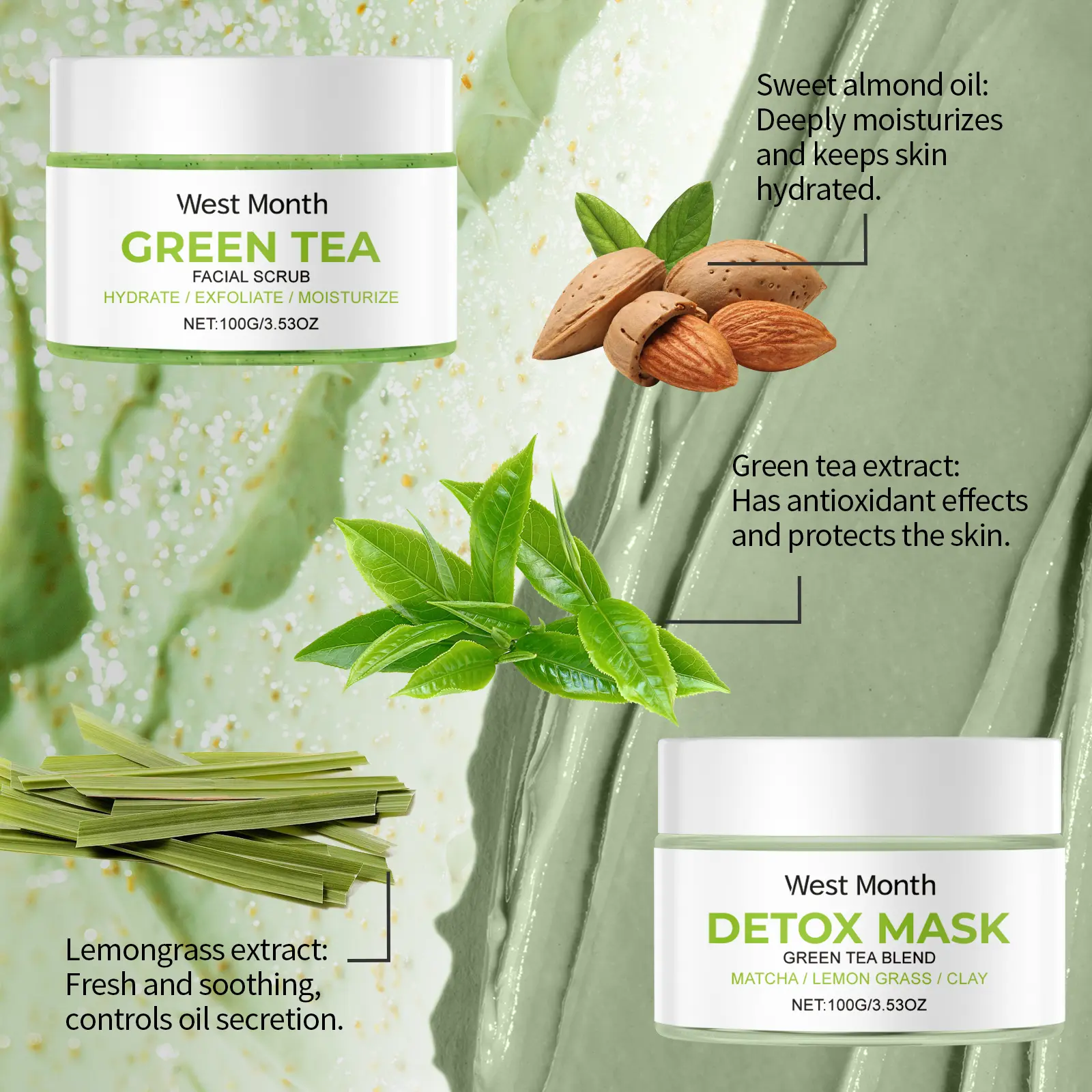 Green Tea Cleansing Set for Balanced and Hydrated Skin - West&Month 6 green tea cleansing set clean balance hydrate tender West Month 636 9234