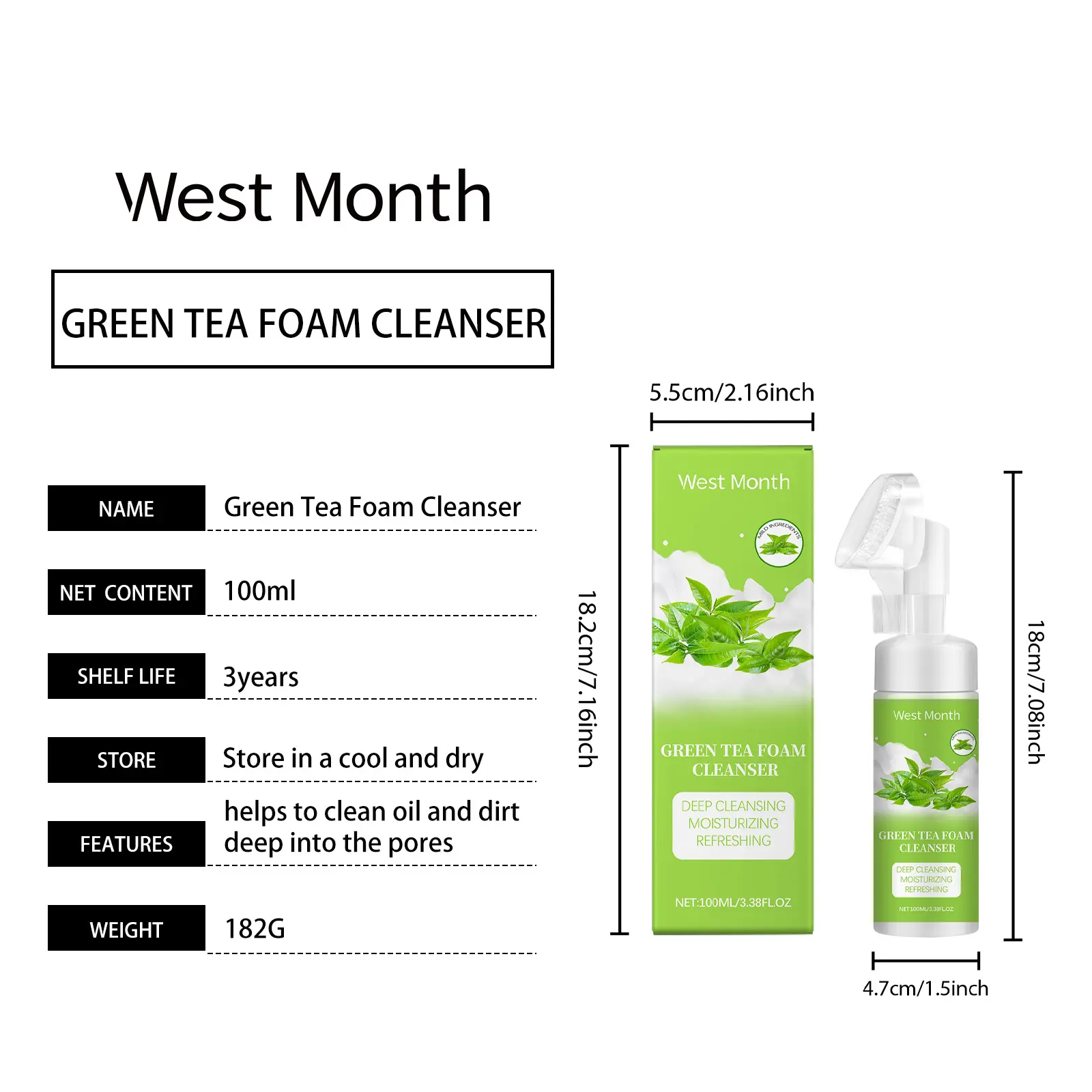 Green Tea Foam Cleanser Refreshing Gentle Face Wash by West&Month 1 green tea foam cleanser gentle pore refresh moist West Month 642 9303