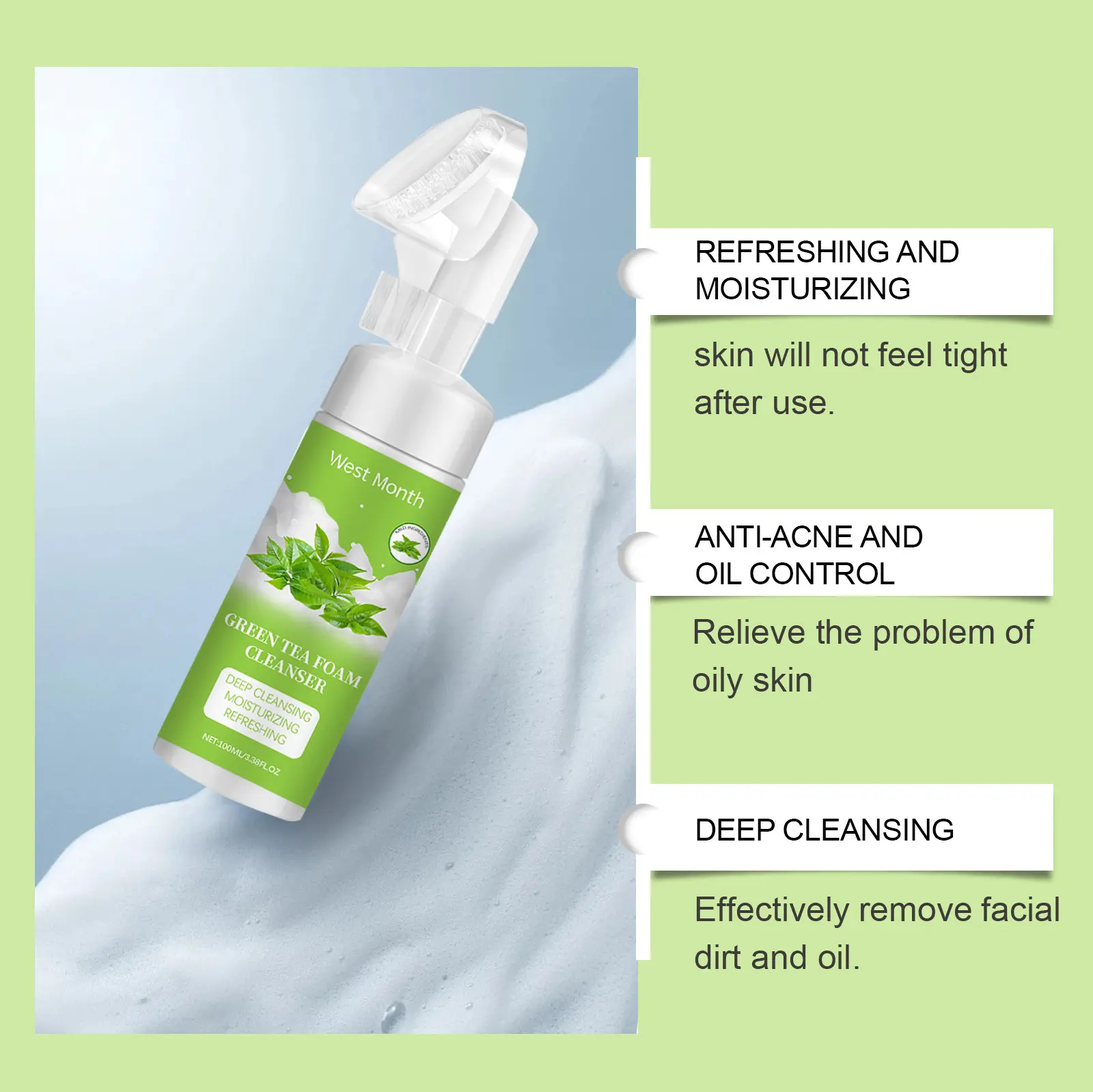 Green Tea Foam Cleanser Refreshing Gentle Face Wash by West&Month 5 green tea foam cleanser gentle pore refresh moist West Month 642 9305