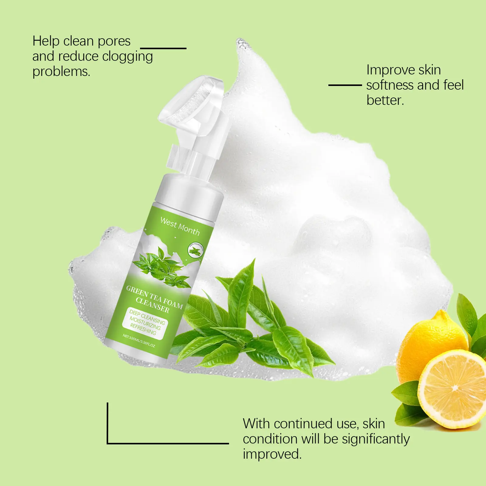 Green Tea Foam Cleanser Refreshing Gentle Face Wash by West&Month 6 green tea foam cleanser gentle pore refresh moist West Month 642 9306