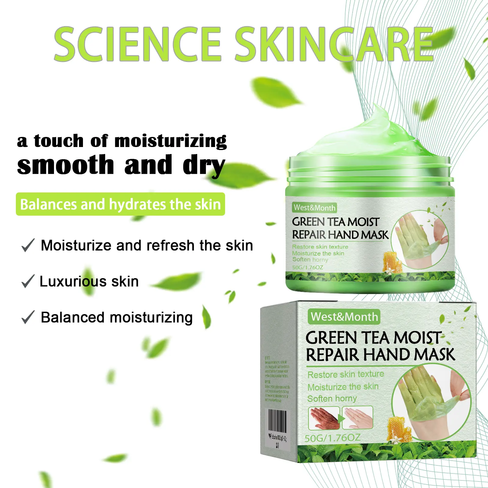 Green Tea Hand Mask Hydrating & Exfoliating Treatment West&Month 5 green tea hand mask moisturize remove dead firm West Month 400 6252