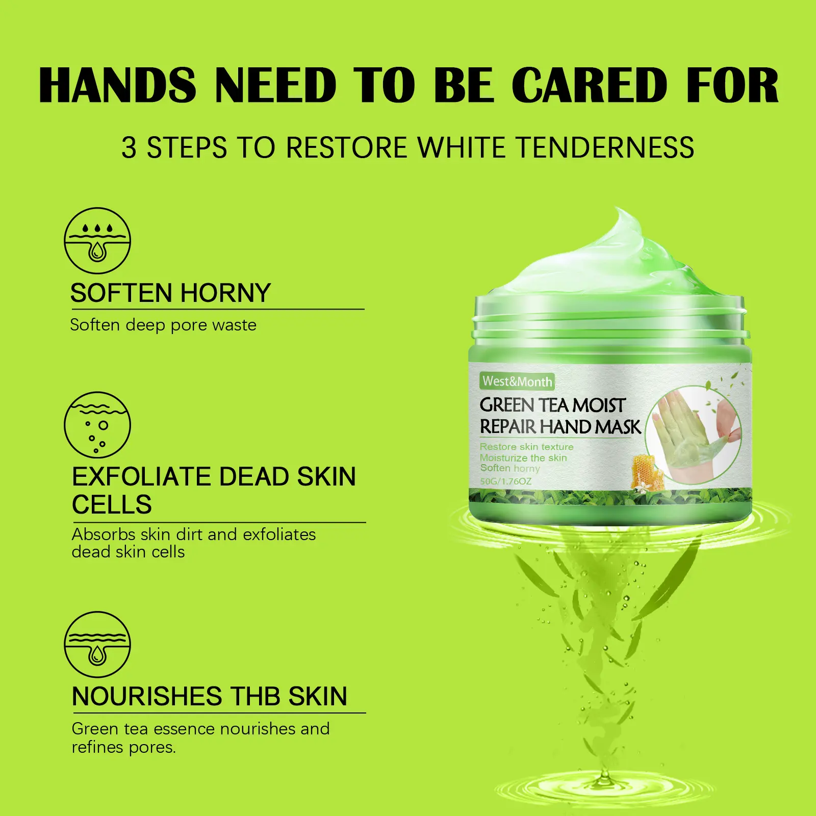 Green Tea Hand Mask Hydrating & Exfoliating Treatment West&Month 7 green tea hand mask moisturize remove dead firm West Month 400 6254
