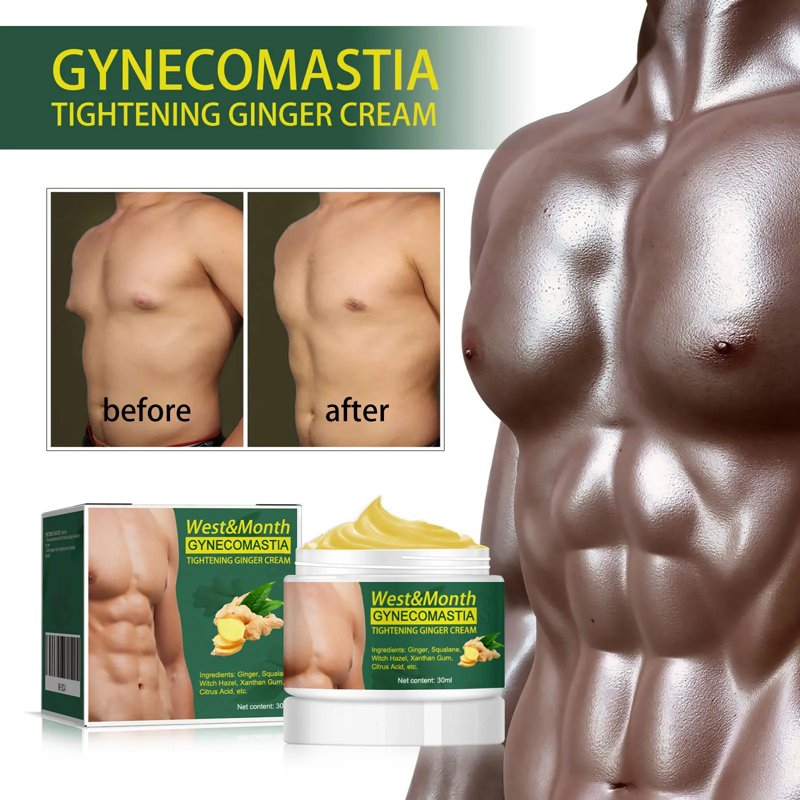 Chest Firming Ginger Cream for Men - Toning & Elasticity - West&Month 2 gynecomastia tightening ginger cream West Month 058 1834