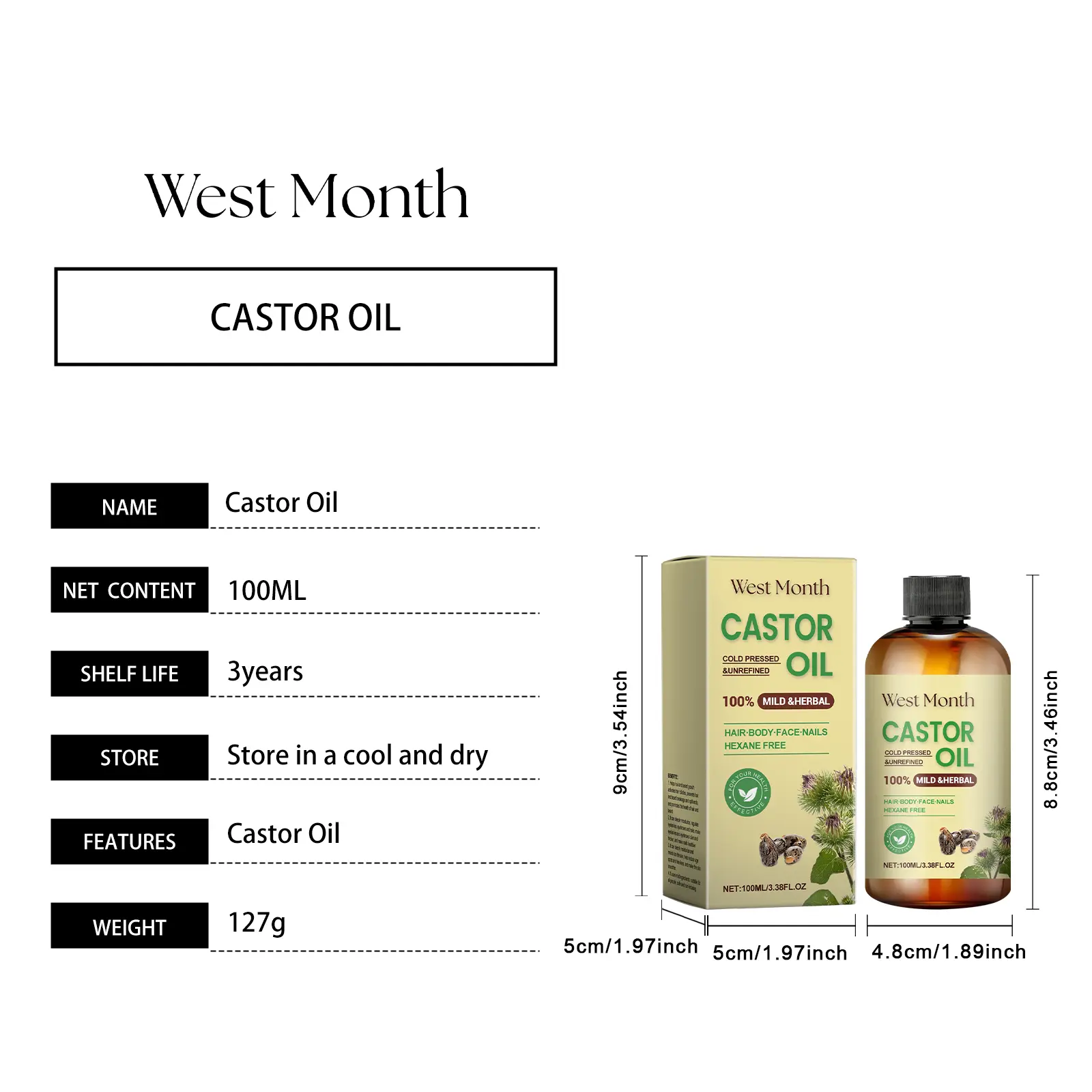 Organic Castor Oil for Hair Growth, Eyelashes & Beard - West&Month 1 hair care castor oil nourish hair eyelashes West Month 104 2425