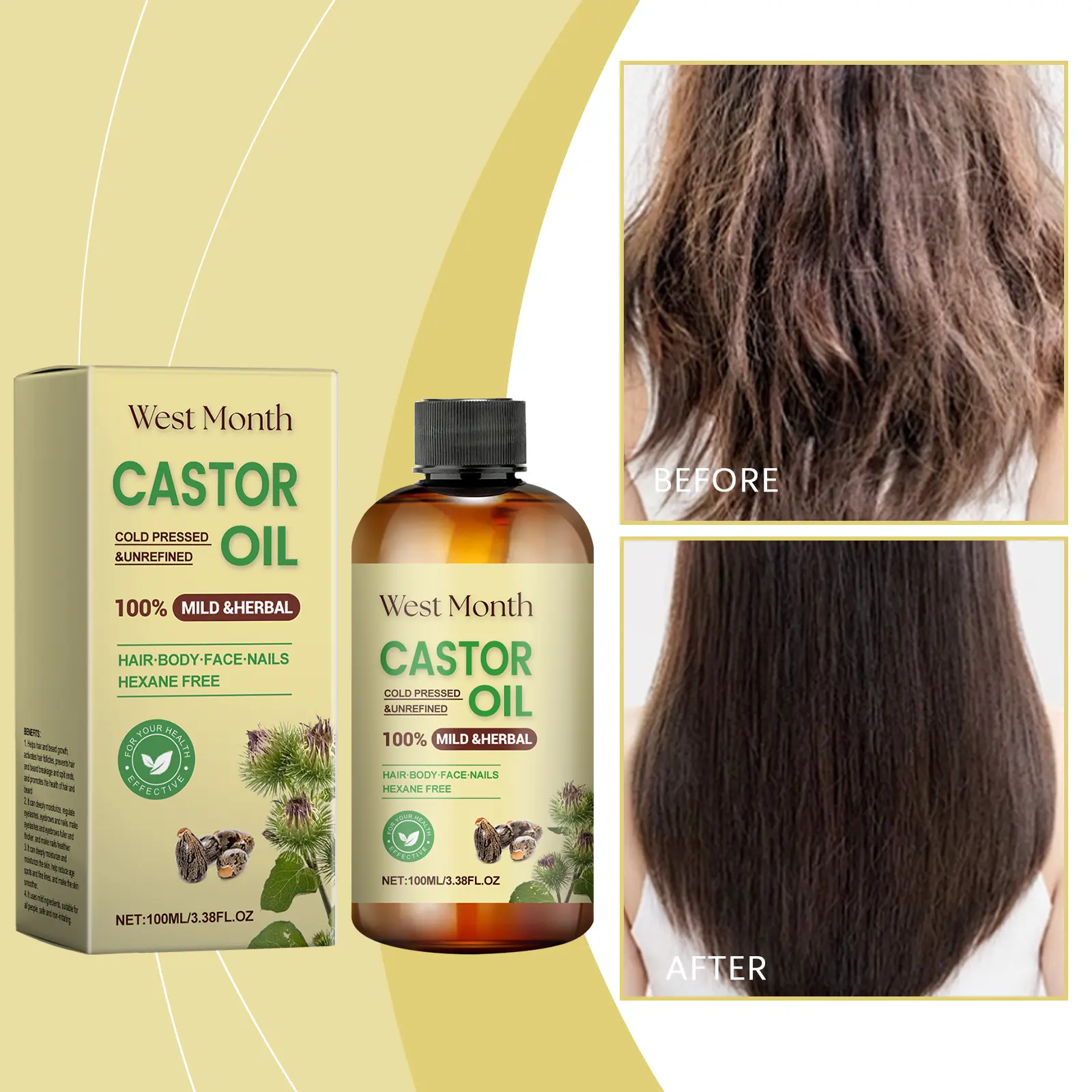 Organic Castor Oil for Hair Growth, Eyelashes & Beard - West&Month 2 hair care castor oil nourish hair eyelashes West Month 104 2426