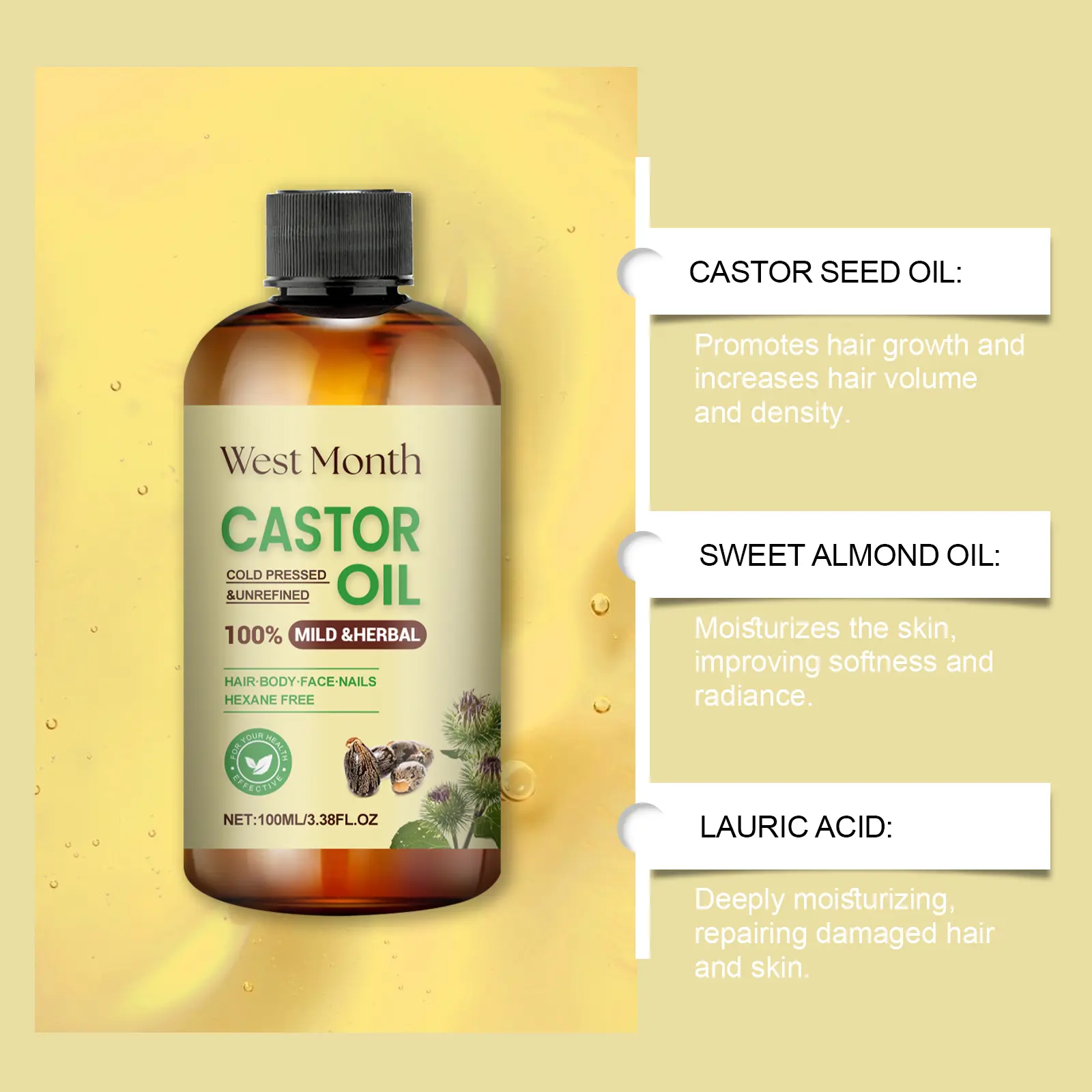 Organic Castor Oil for Hair Growth, Eyelashes & Beard - West&Month 8 hair care castor oil nourish hair eyelashes West Month 104 2431