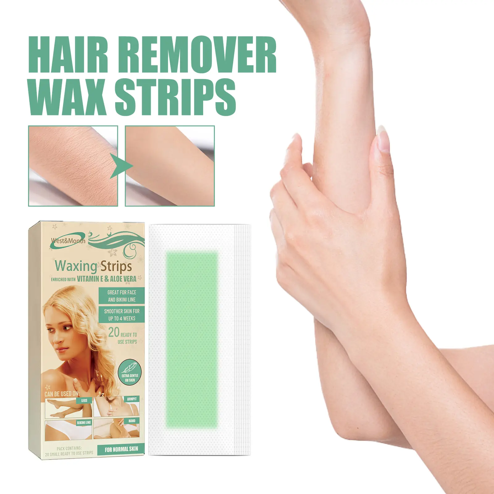 Hair Removal Wax Strips for Smooth Skin - Gentle & Quick - West&Month 2 hair remove wax strips quick gentle no black spots West Month 387 6061