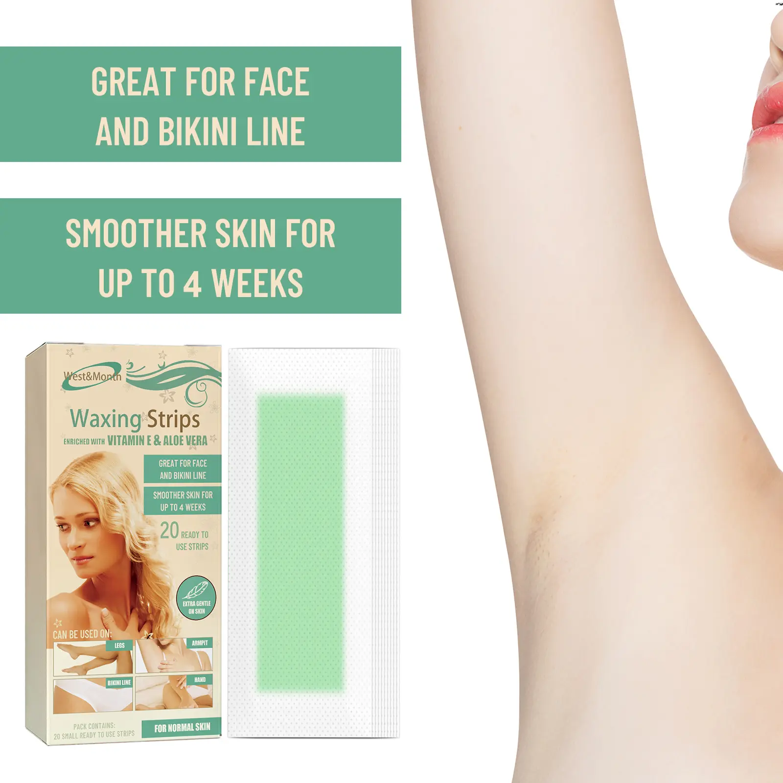 Hair Removal Wax Strips for Smooth Skin - Gentle & Quick - West&Month 6 hair remove wax strips quick gentle no black spots West Month 387 6064