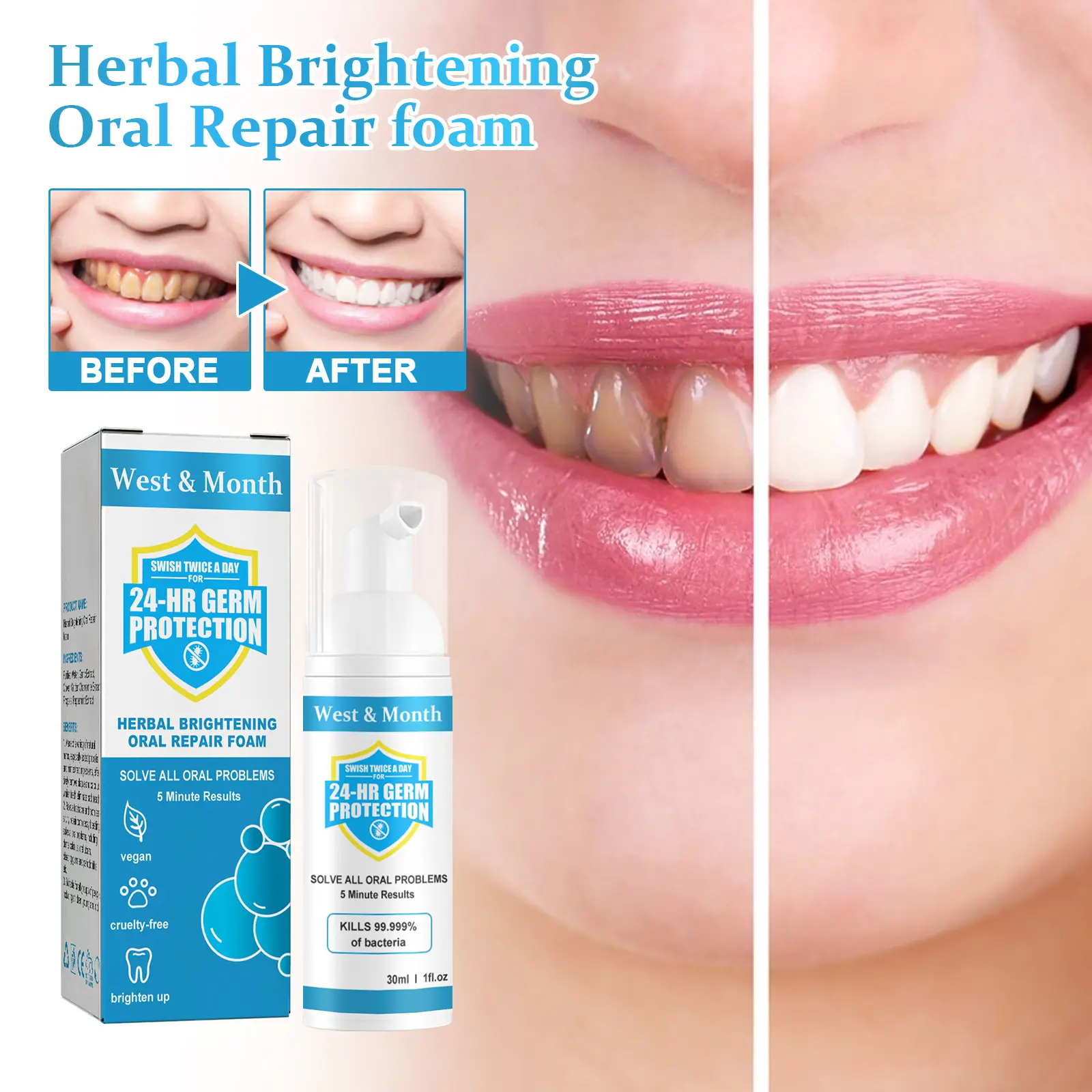 Herbal Teeth Whitening Foam for Bad Breath & Stain Removal - West&Month 1 herbal oral foam clean breath stains whiten West Month 433 6701